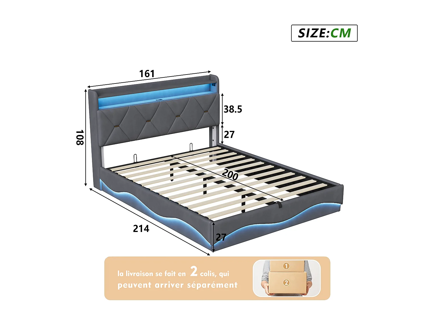 Cama doble de 160x200 cm con almacenamiento hidráulico, cabecero con LED y puerto USB, terciopelo, color gris