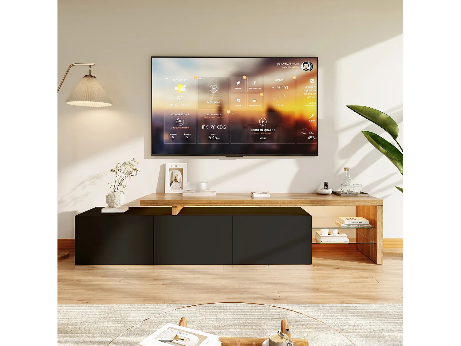 Meuble TV avec éclairage LED, meuble bas, buffet avec étagère en verre, noir, 200 x 39 x 42 cm