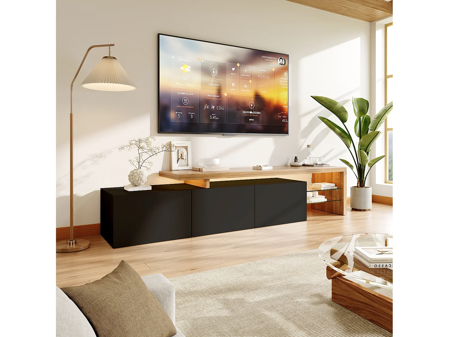 Meuble TV avec éclairage LED, meuble bas, buffet avec étagère en verre, noir, 200 x 39 x 42 cm