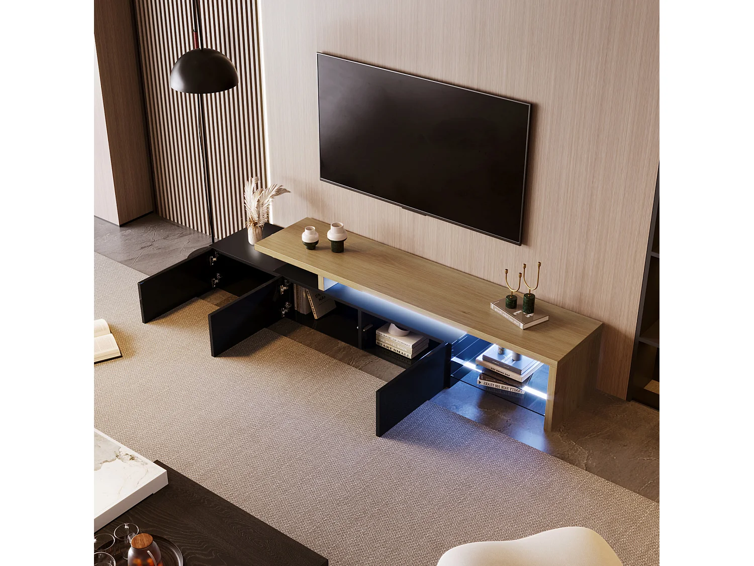 Meuble TV avec éclairage LED, meuble bas, buffet avec étagère en verre, noir, 200 x 39 x 42 cm