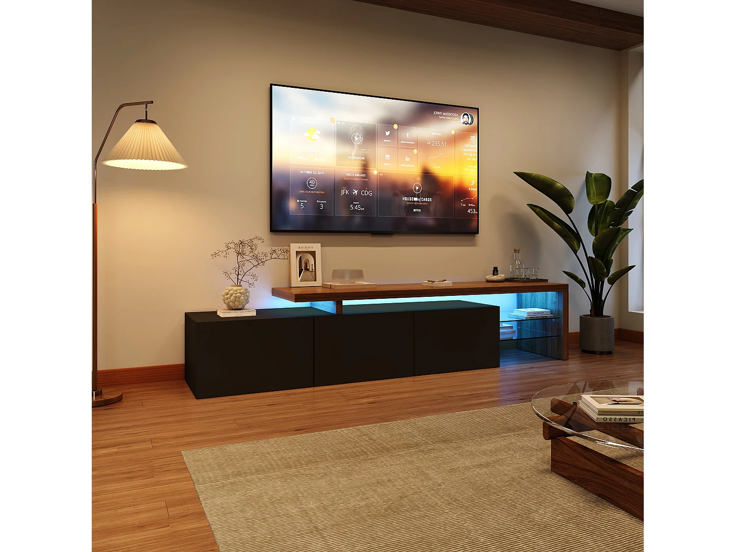 Meuble TV avec éclairage LED, meuble bas, buffet avec étagère en verre, noir, 200 x 39 x 42 cm