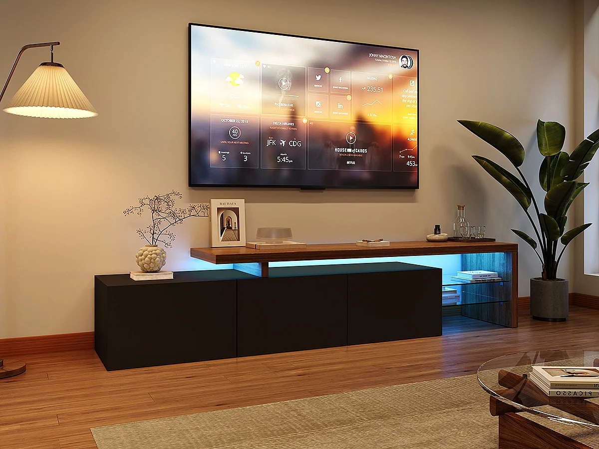 Meuble TV avec éclairage LED, meuble bas, buffet avec étagère en verre, noir, 200 x 39 x 42 cm