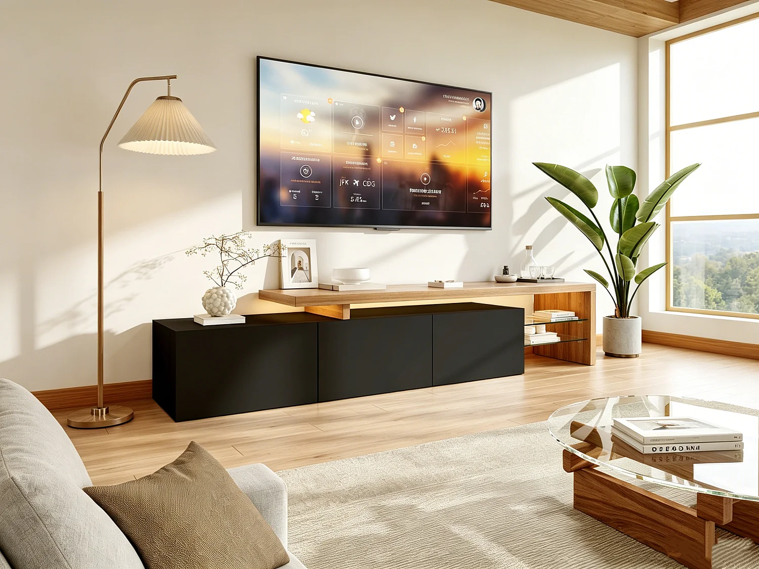 Mueble para TV con iluminación LED, armario bajo, aparador con estante de cristal, negro, 200 x 39 x 42 cm