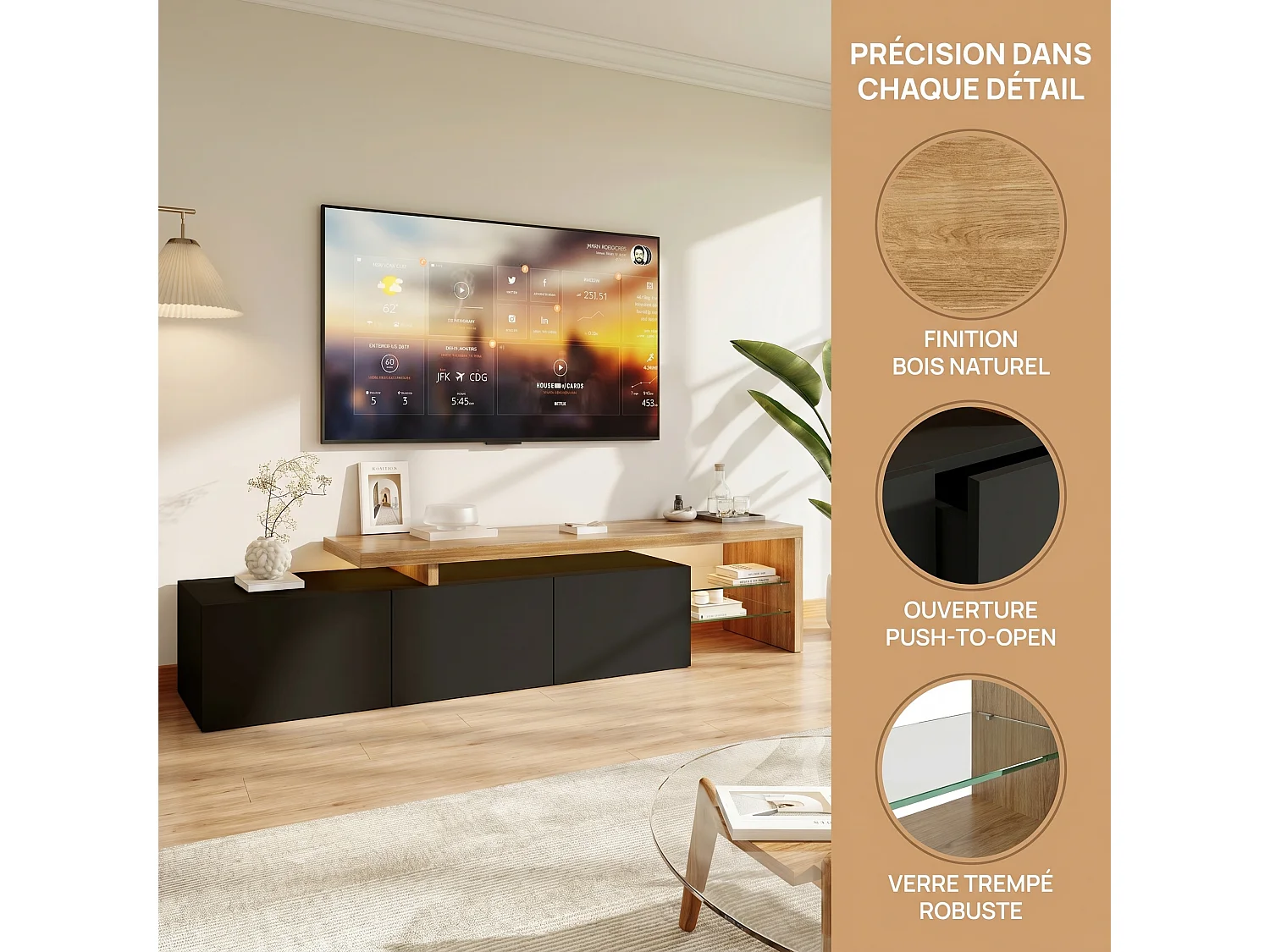 Mueble para TV con iluminación LED, armario bajo, aparador con estante de cristal, negro, 200 x 39 x 42 cm