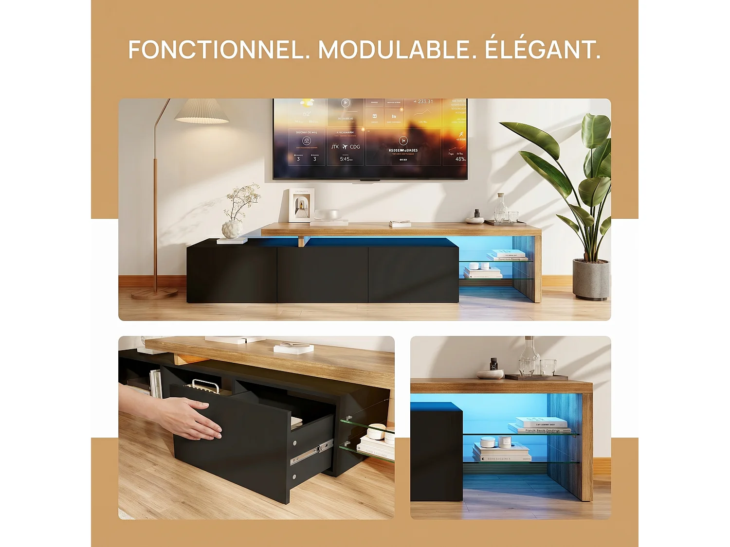 Mueble para TV con iluminación LED, armario bajo, aparador con estante de cristal, negro, 200 x 39 x 42 cm