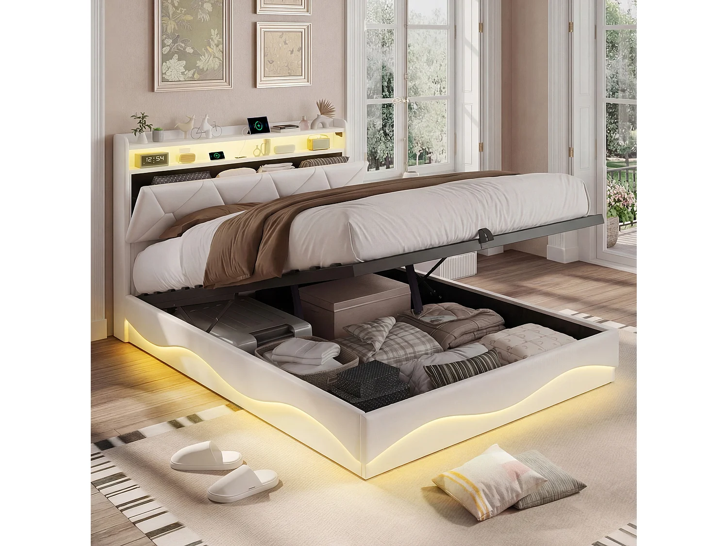 Lit adulte 140x200 cm avec rangement hydraulique - tête de lit avec LED et port USB - velours - beige
