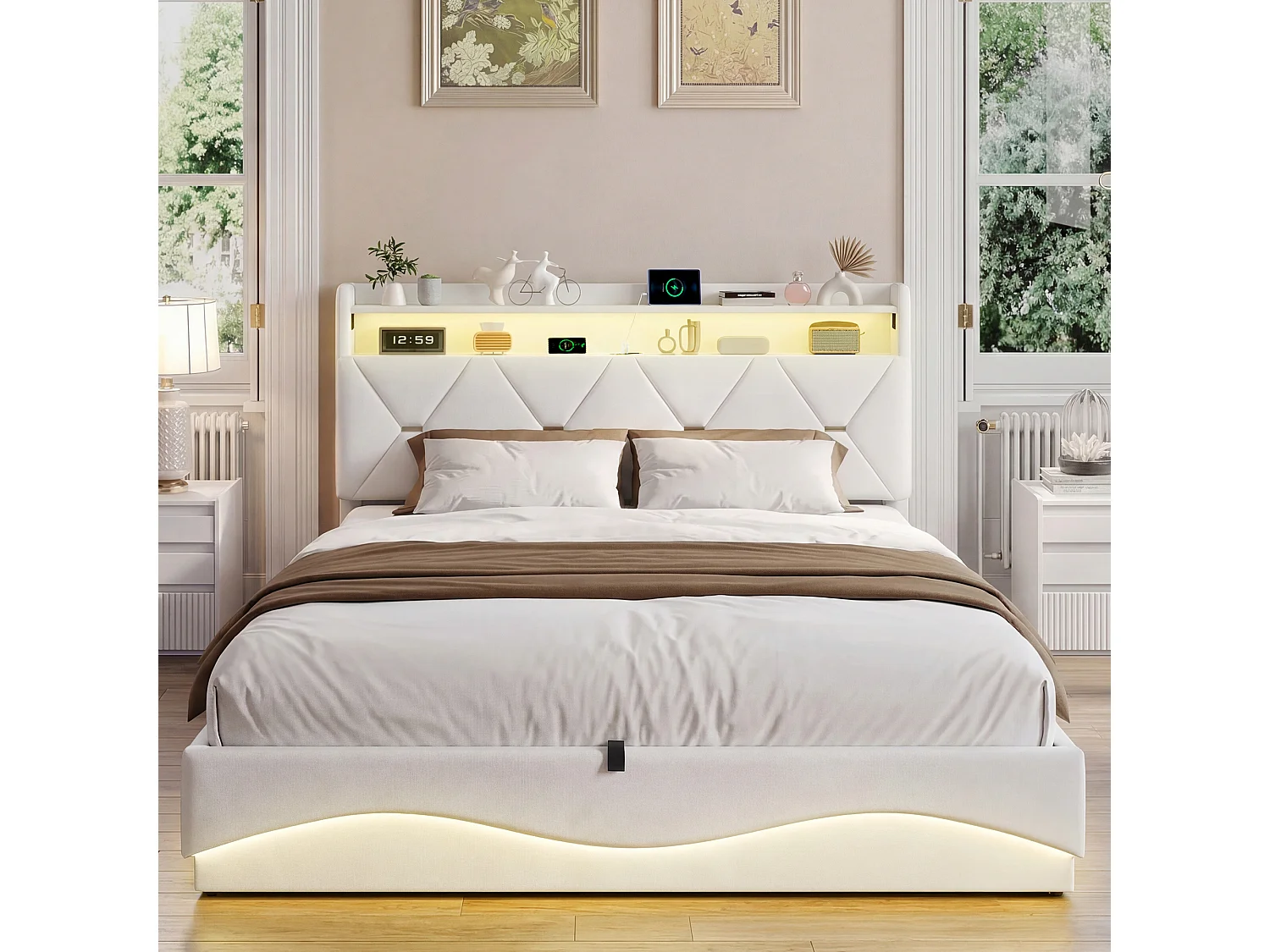 Lit adulte 140x200 cm avec rangement hydraulique - tête de lit avec LED et port USB - velours - beige