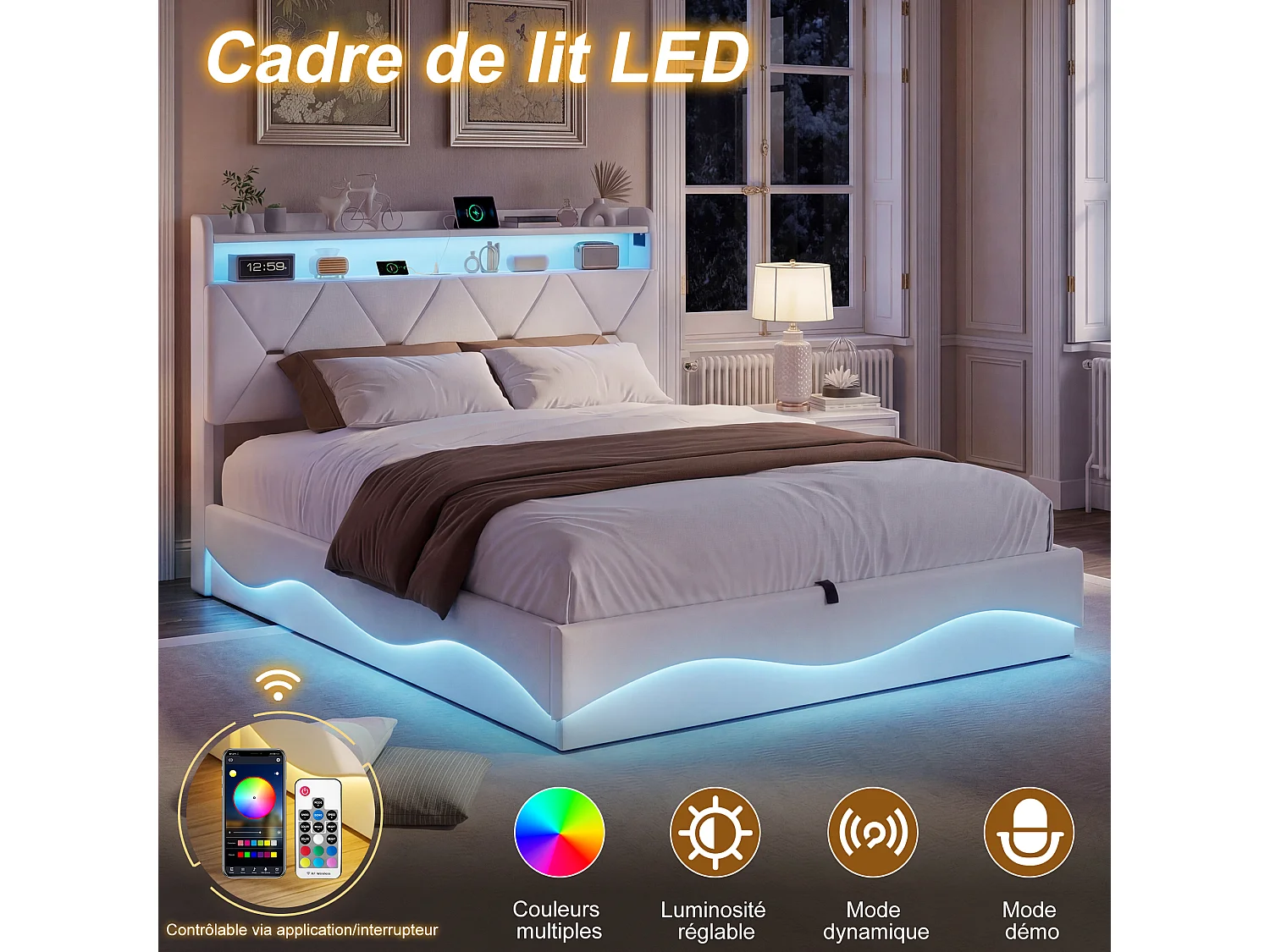 Lit adulte 140x200 cm avec rangement hydraulique - tête de lit avec LED et port USB - velours - beige