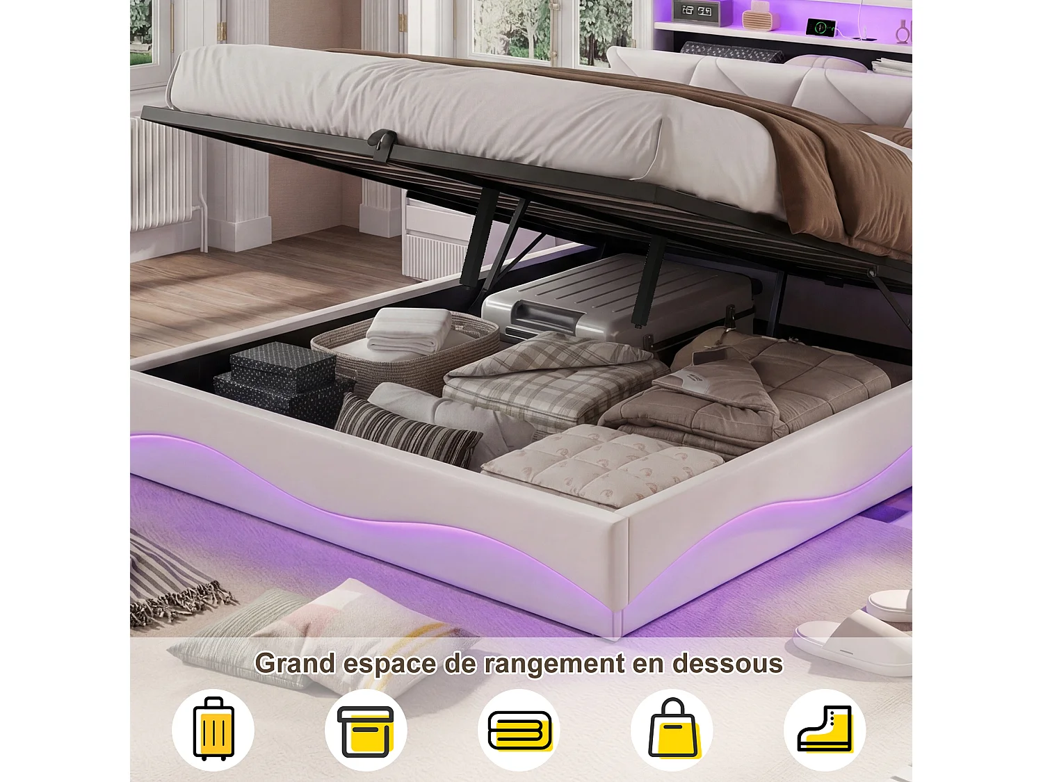 Lit adulte 140x200 cm avec rangement hydraulique - tête de lit avec LED et port USB - velours - beige
