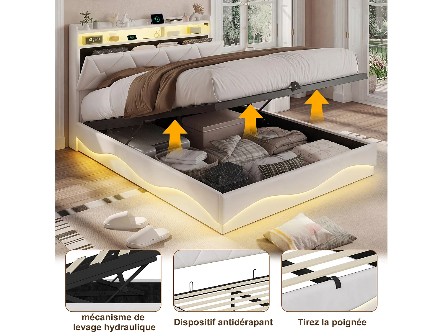 Lit adulte 140x200 cm avec rangement hydraulique - tête de lit avec LED et port USB - velours - beige