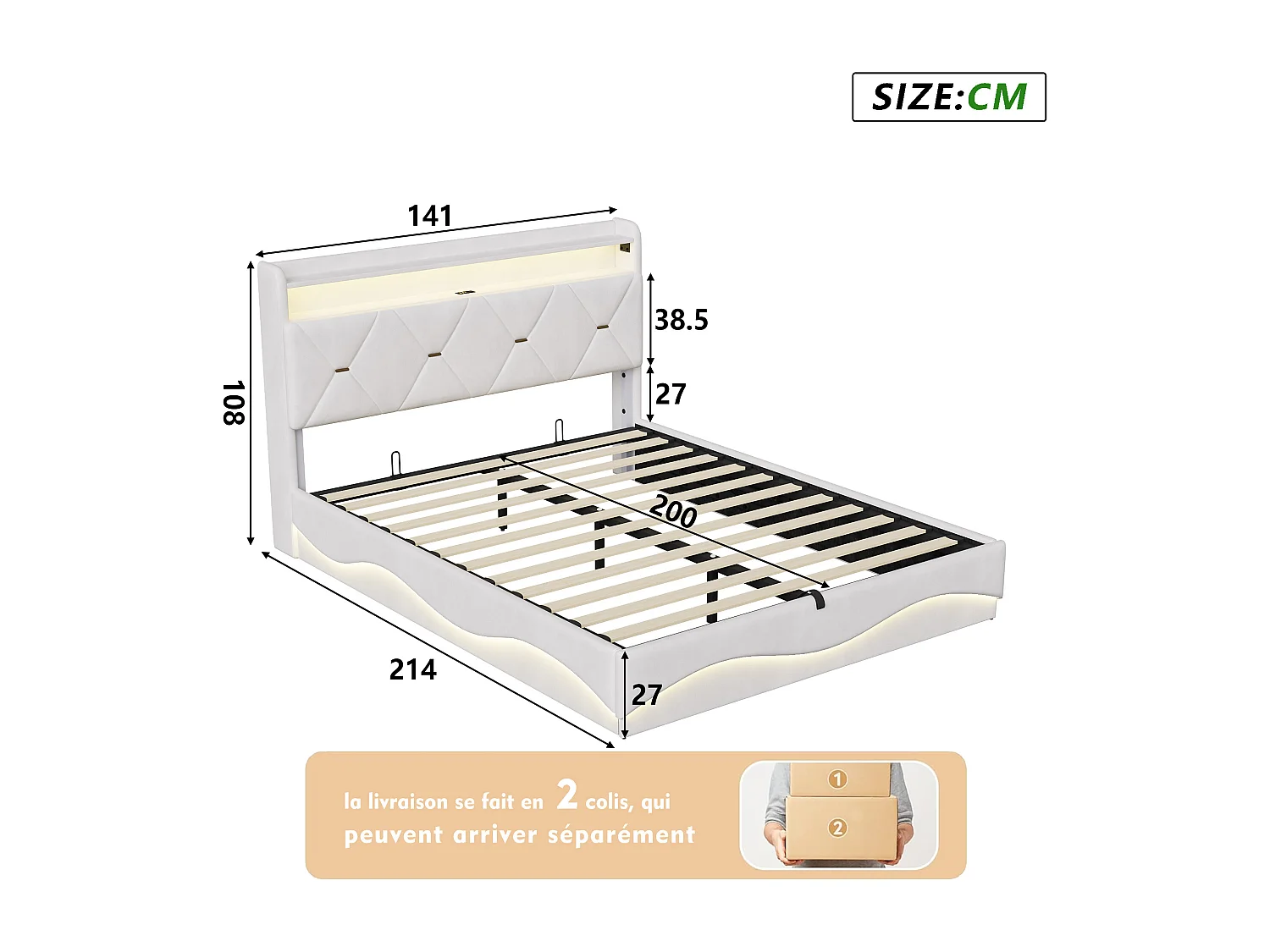 Lit adulte 140x200 cm avec rangement hydraulique - tête de lit avec LED et port USB - velours - beige