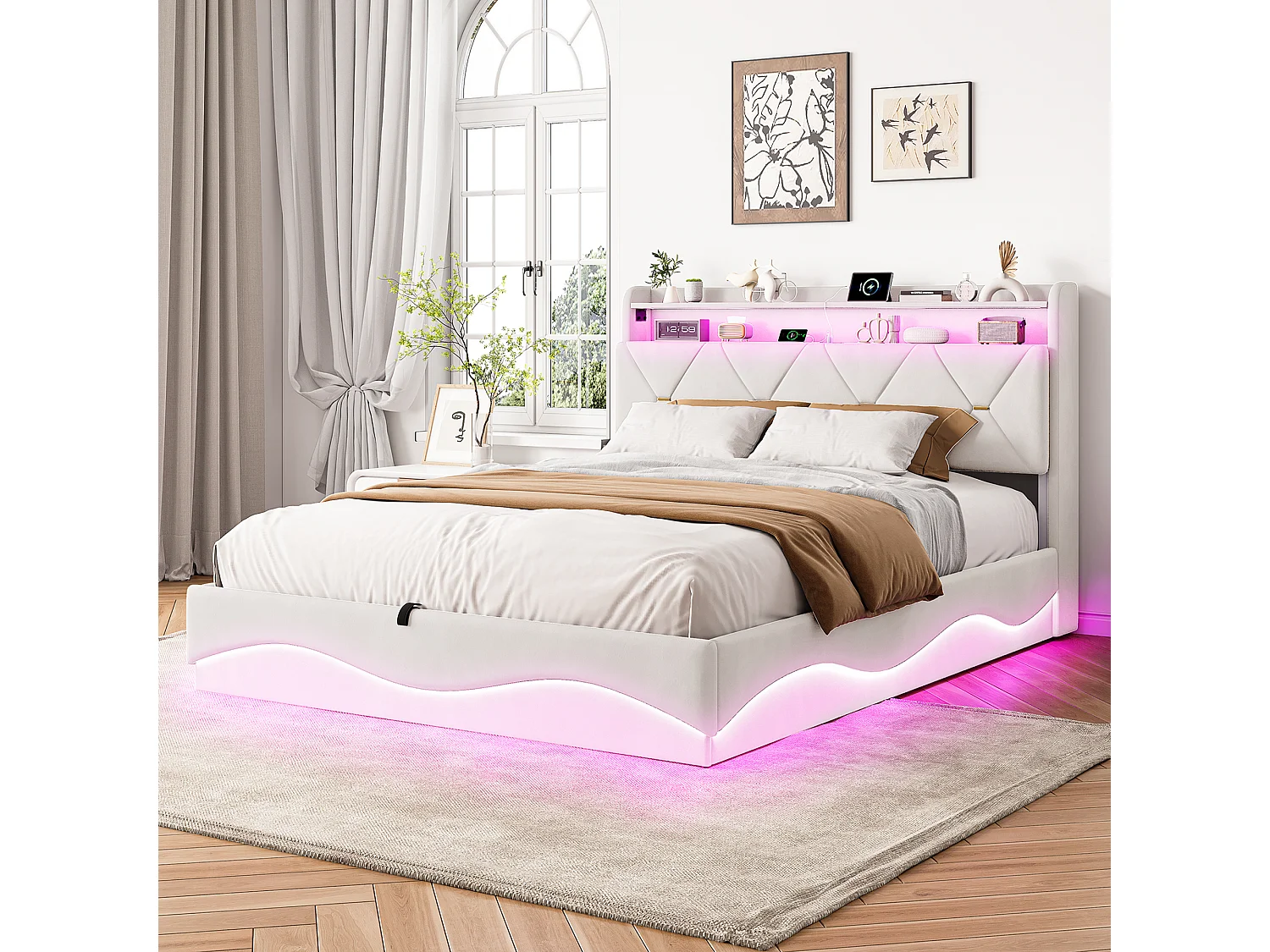 Lit adulte 140x200 cm avec rangement hydraulique - tête de lit avec LED et port USB - velours - beige