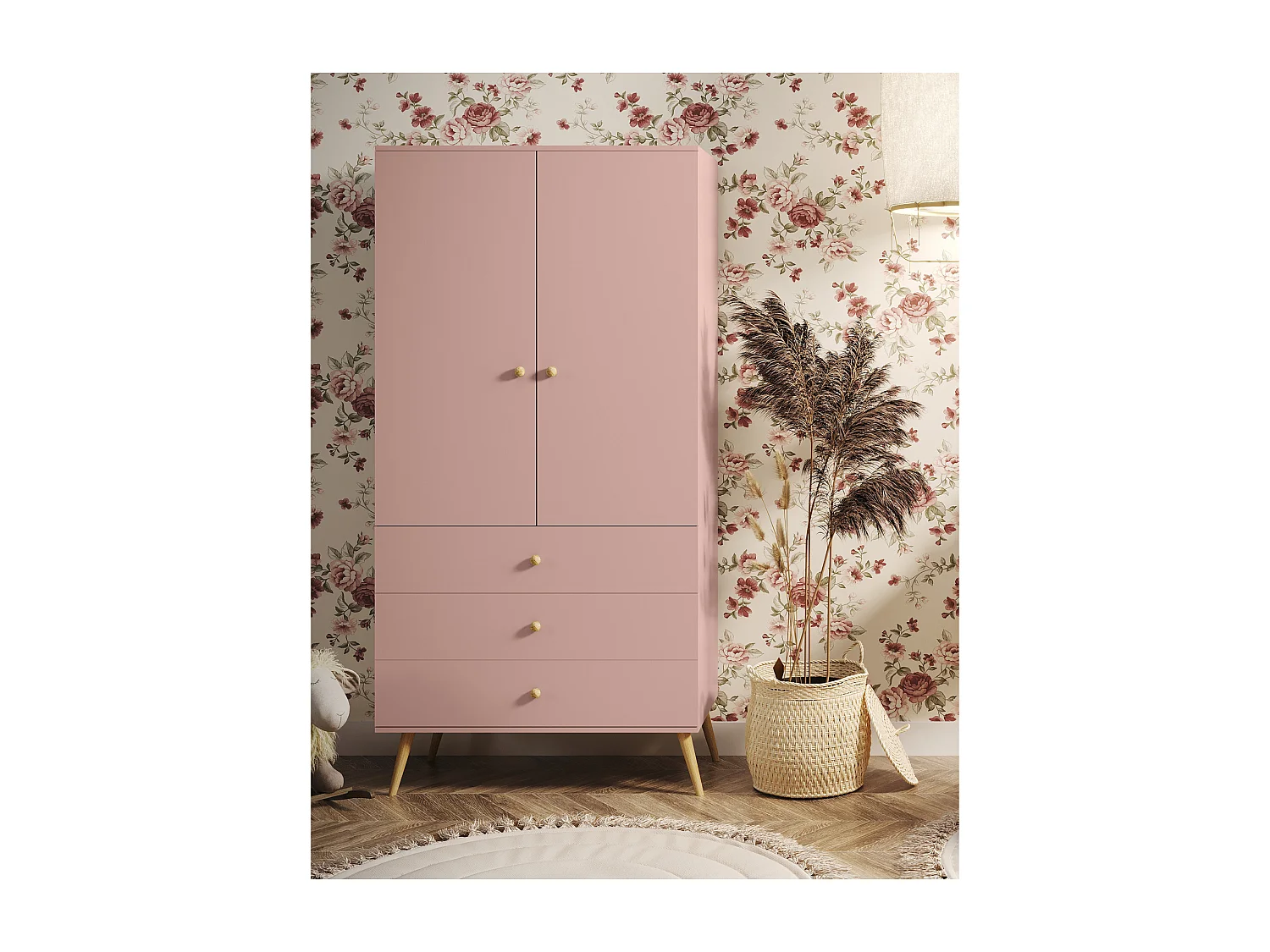 Kleiderschrank NATURA, 100 cm, Rosa, mit 3 Schubladen