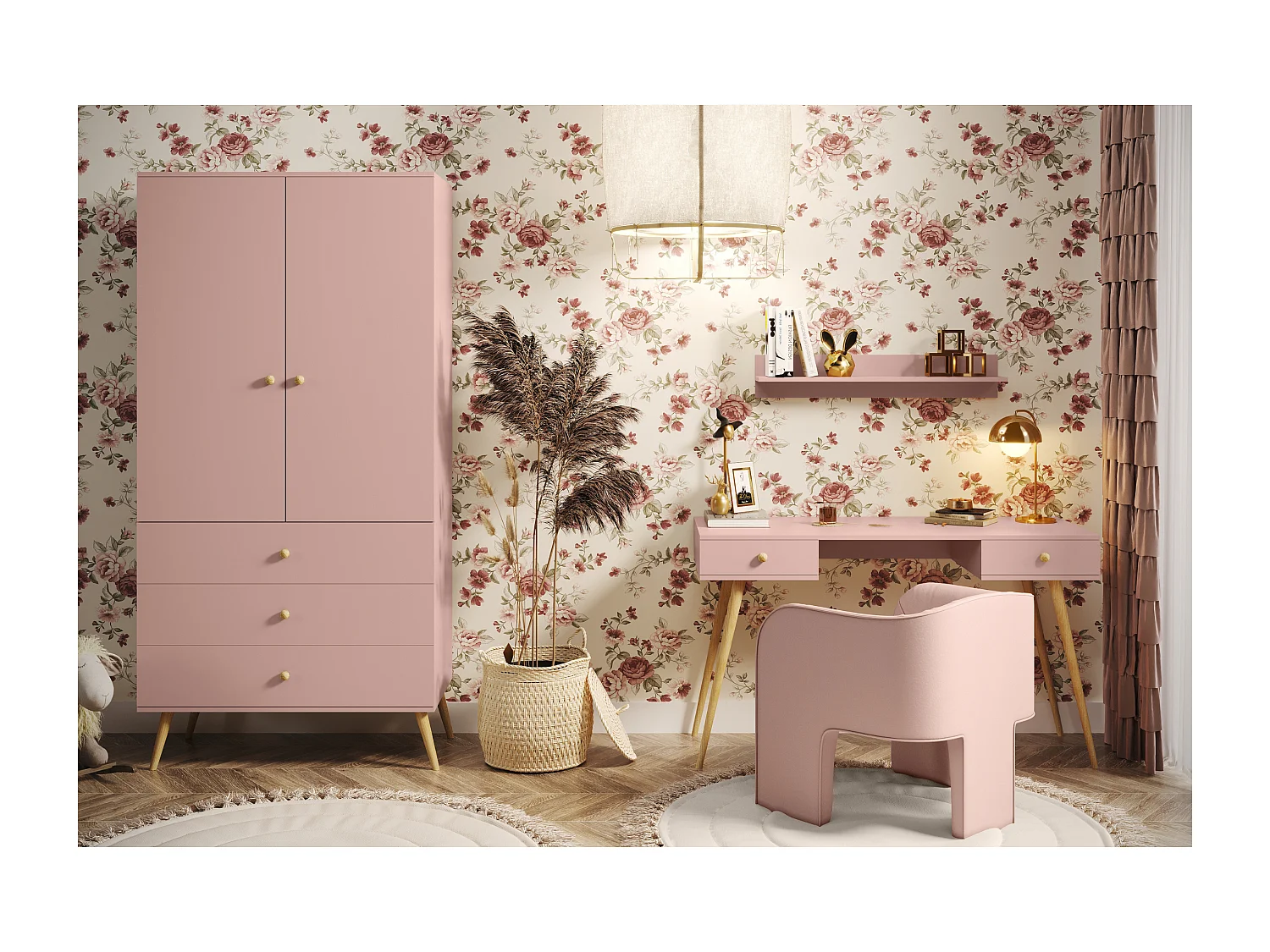 Kleiderschrank NATURA, 100 cm, Rosa, mit 3 Schubladen