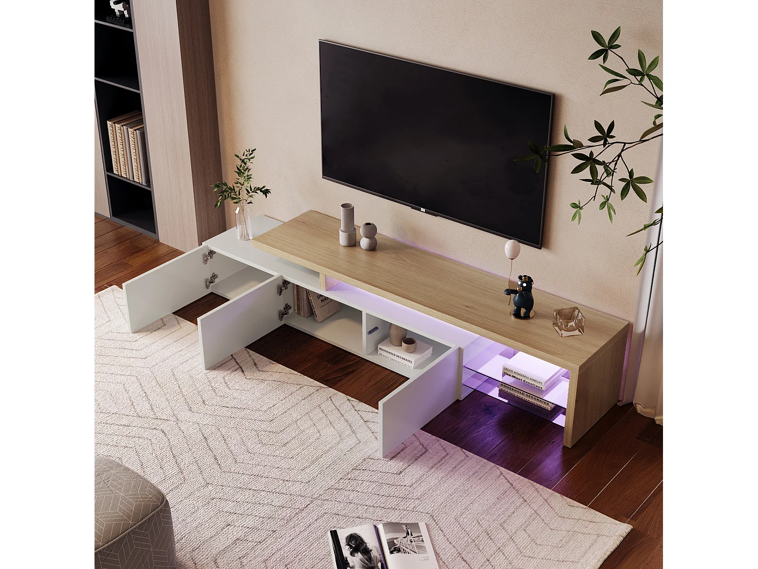 Modern tv-meubel met verstelbare ledverlichting, 3 deuren en glazen planken – een elegant dressoir voor de woonkamer