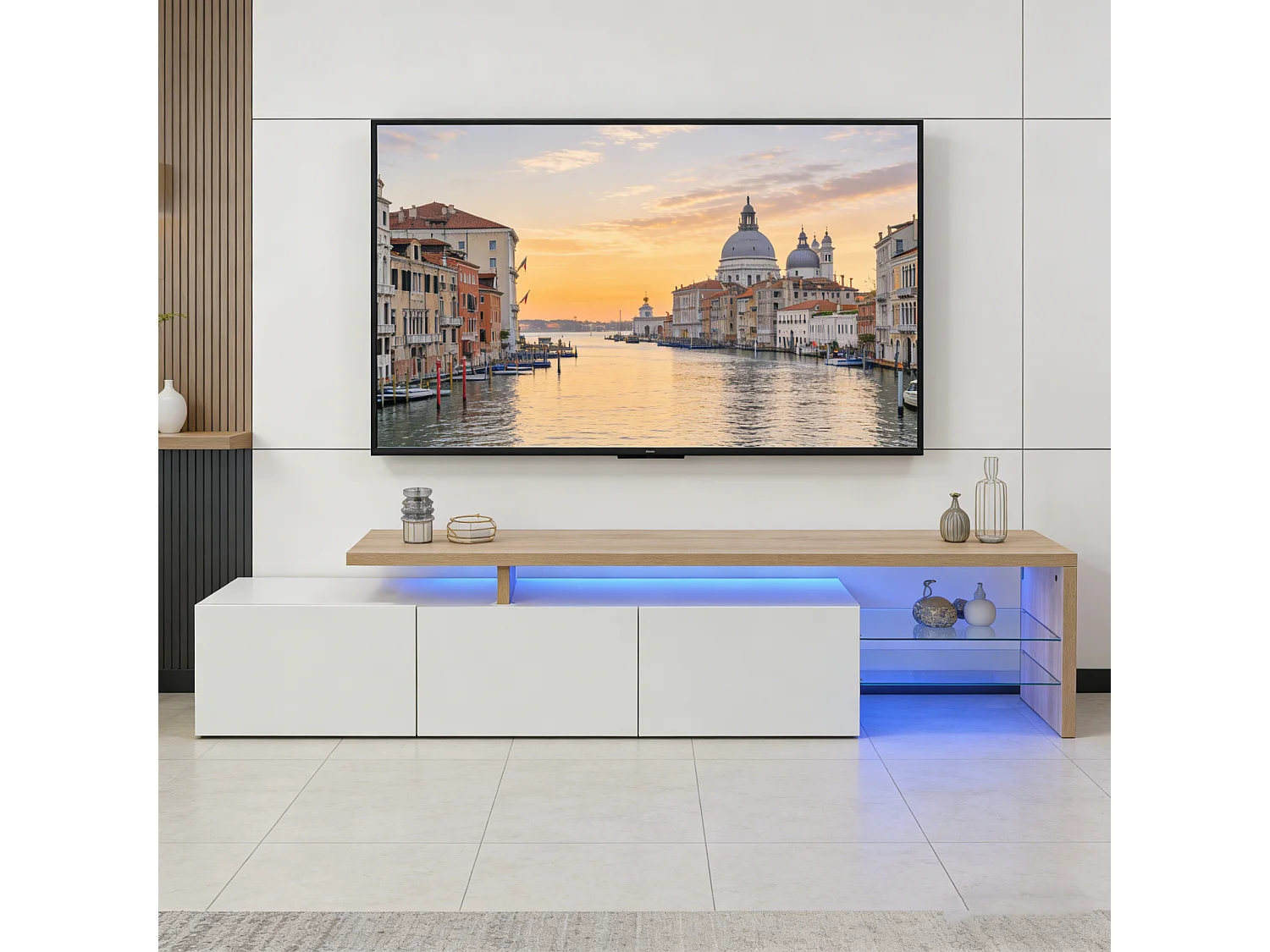 Modern tv-meubel met verstelbare ledverlichting, 3 deuren en glazen planken – een elegant dressoir voor de woonkamer
