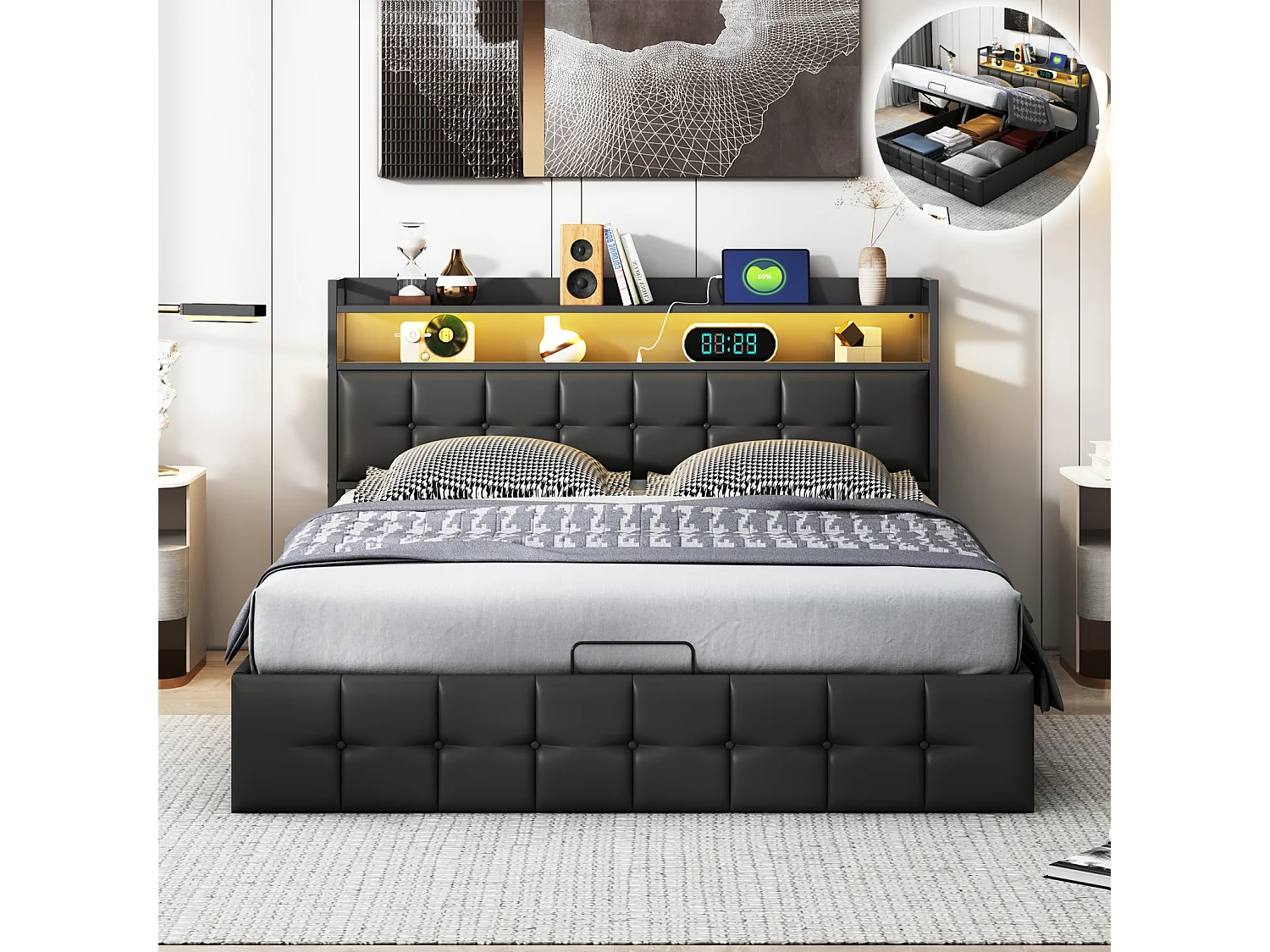 Lit coffre 140x190cm avec LED et sommier à lattes - ports USB et Type C - style moderne - tissu en PU - Noir