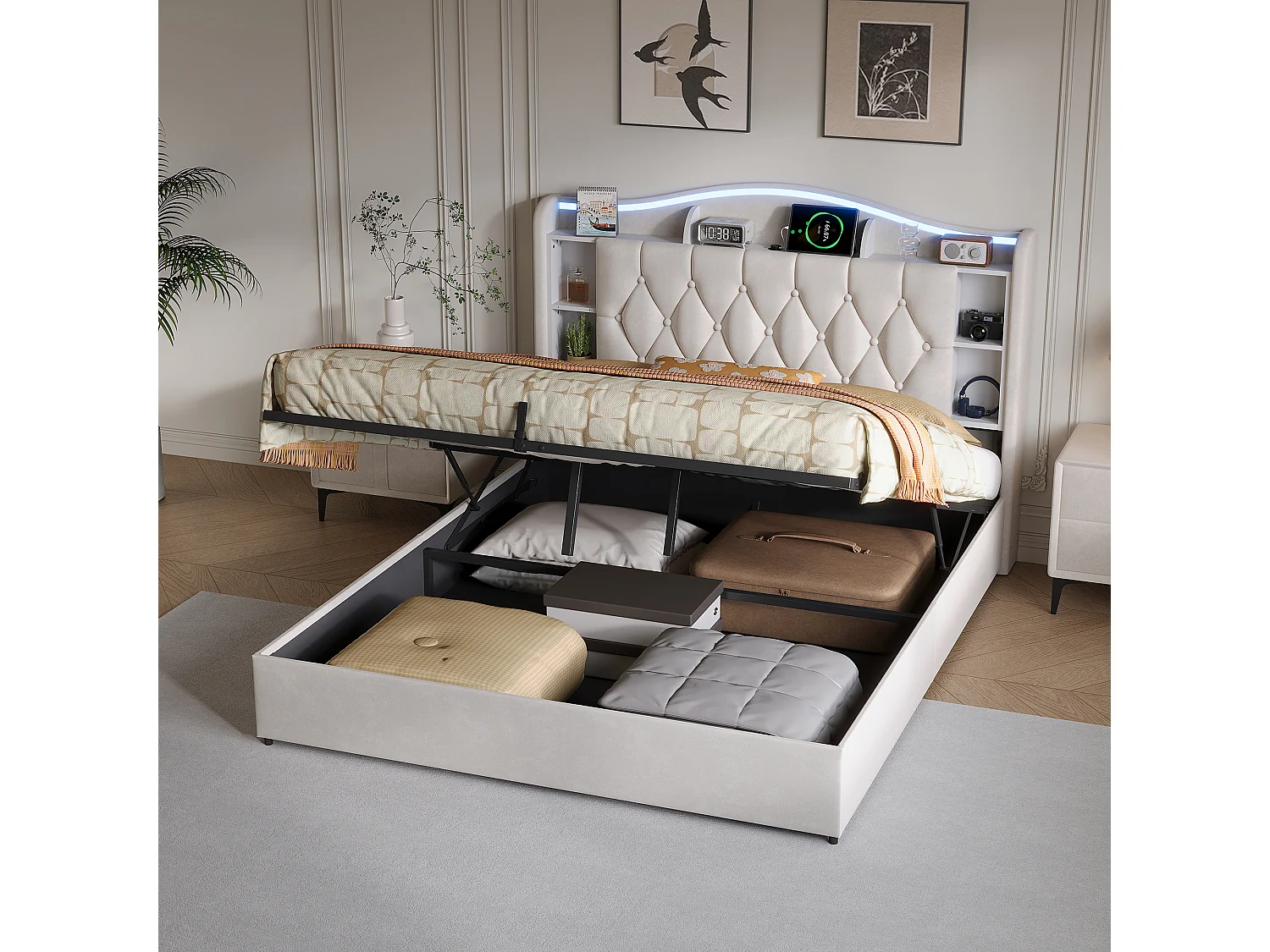 Lit adulte 160x190cm avec éclairage LED et ports USB - rangement hydraulique - velours - style moderne - beige