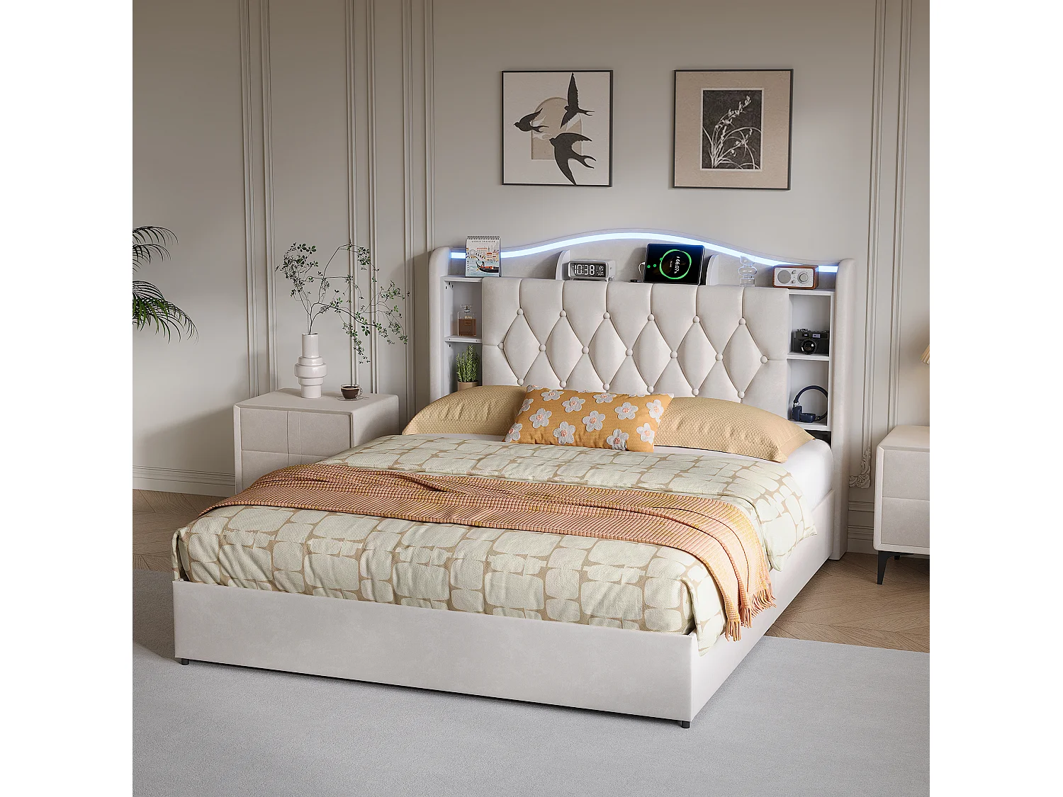 Lit adulte 160x190cm avec éclairage LED et ports USB - rangement hydraulique - velours - style moderne - beige