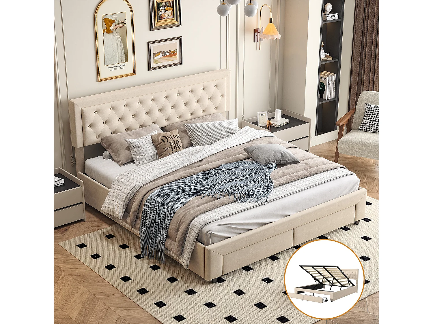 Tweepersoonsbed 180 x 200 cm met hydraulische opbergruimte, lattenbodem, 2 lades, gestoffeerd bed met opbergvak, beige