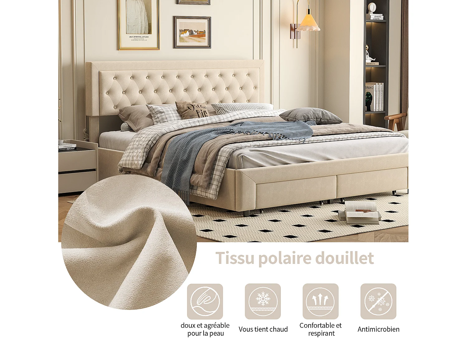 Tweepersoonsbed 180 x 200 cm met hydraulische opbergruimte, lattenbodem, 2 lades, gestoffeerd bed met opbergvak, beige