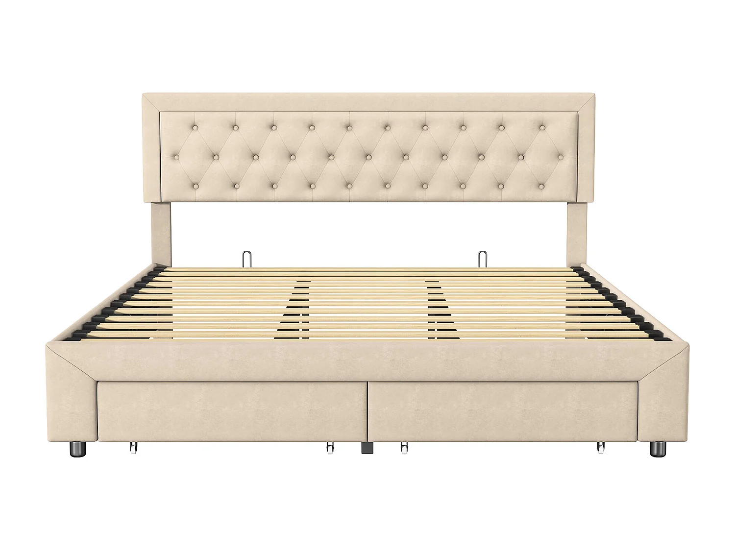 Tweepersoonsbed 180 x 200 cm met hydraulische opbergruimte, lattenbodem, 2 lades, gestoffeerd bed met opbergvak, beige
