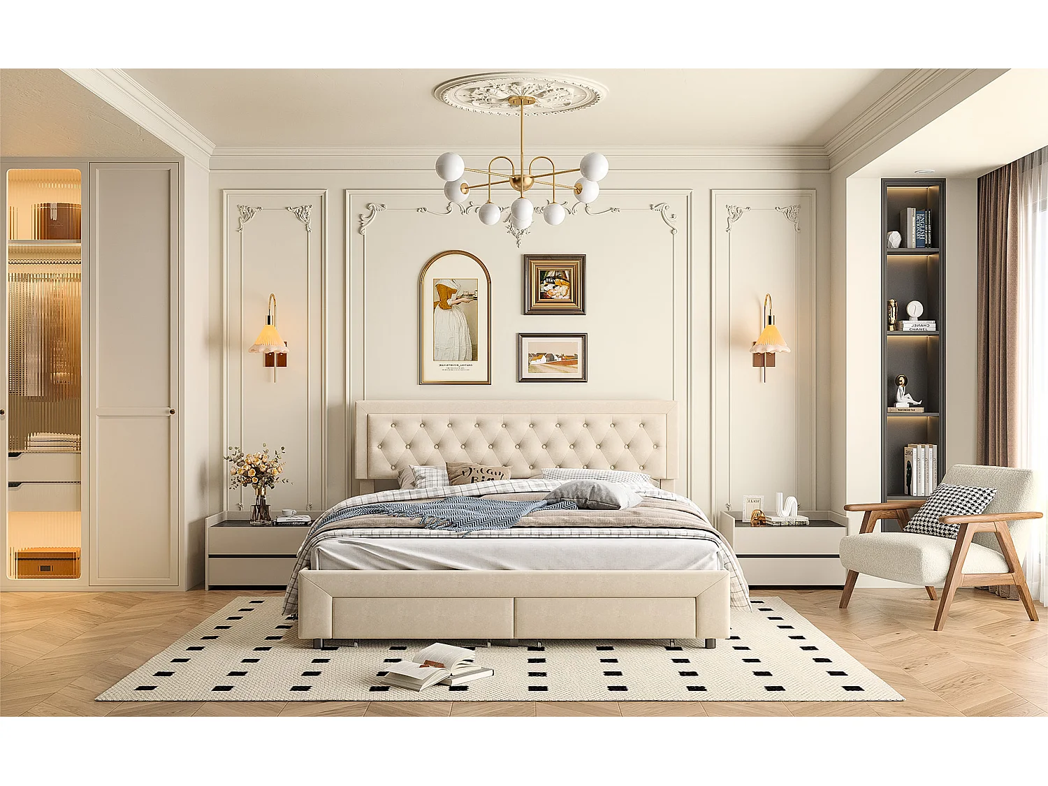 Tweepersoonsbed 180 x 200 cm met hydraulische opbergruimte, lattenbodem, 2 lades, gestoffeerd bed met opbergvak, beige