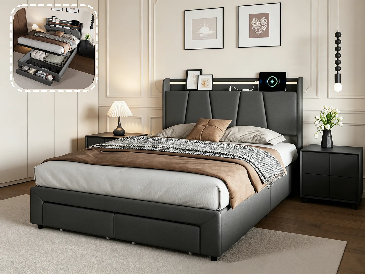 Opbergbed 160x200cm, gestoffeerd tweepersoonsbed met ledverlichting en usb-poort, gewatteerd bed met 2 lades en hoofdbord, linnen, donkergrijs
