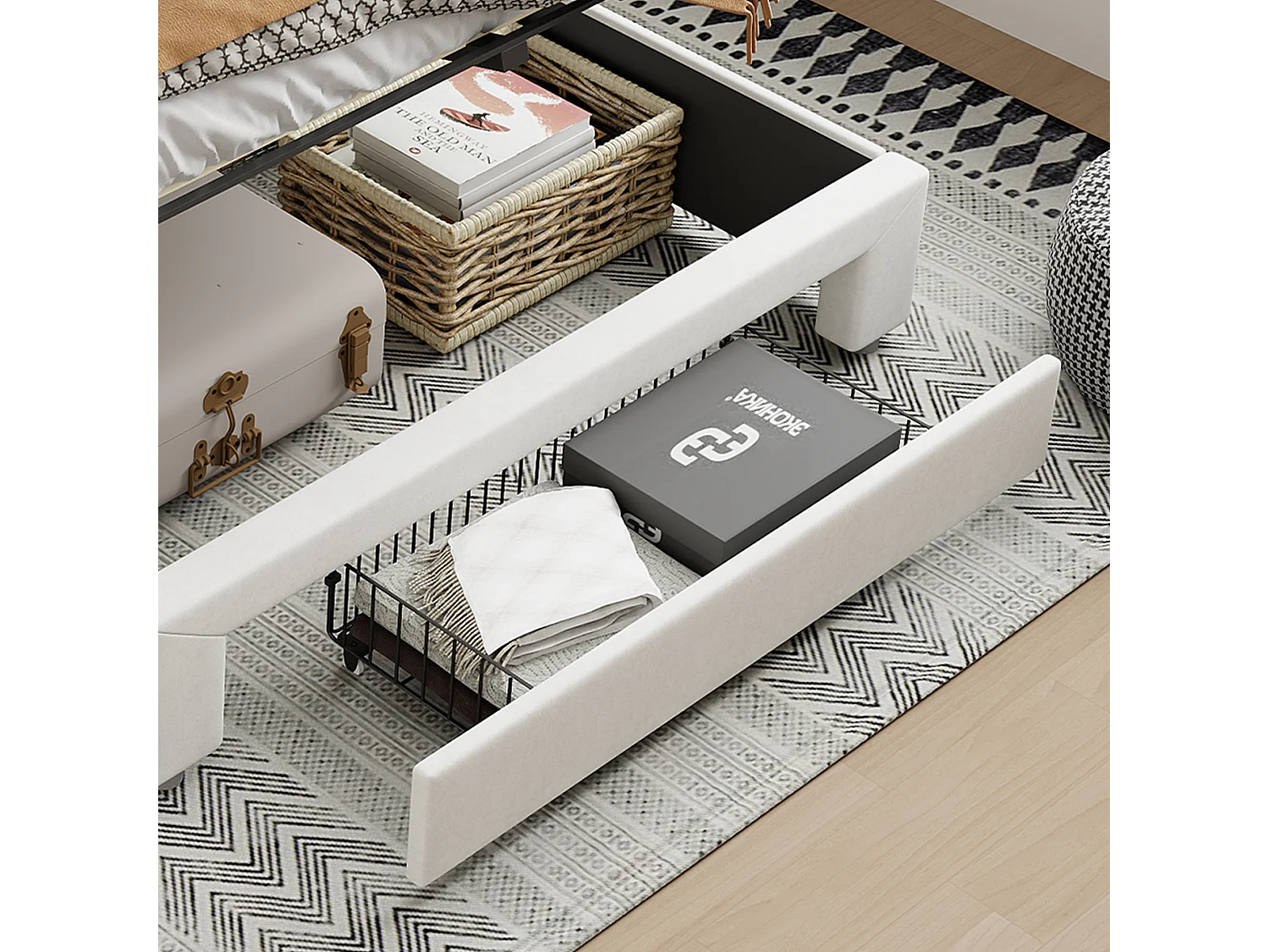 lit coffre 140x200 avec sommier, lit coffre avec 1 tiroir, LED et USB, tête de lit capitonné avec rangement, velours, blanc cassé