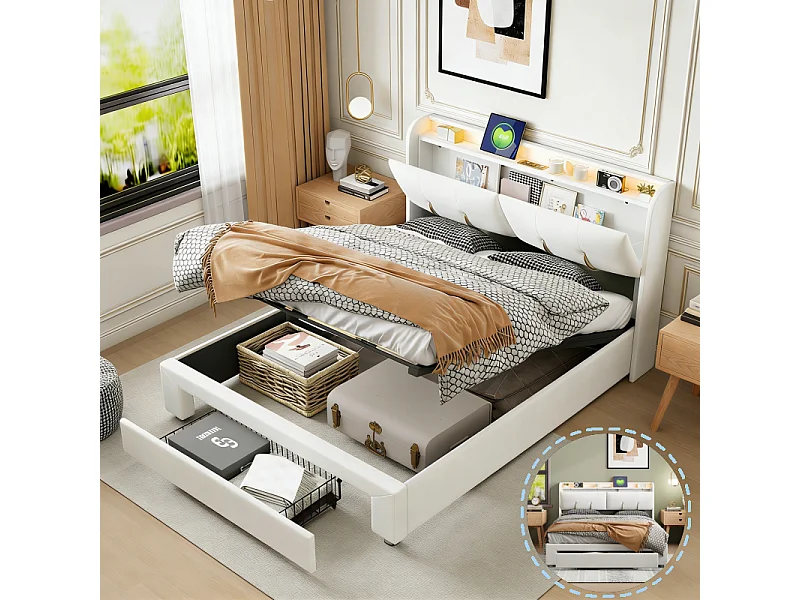 lit coffre 140x200 avec sommier, lit coffre avec 1 tiroir, LED et USB, tête de lit capitonné avec rangement, velours, blanc cassé