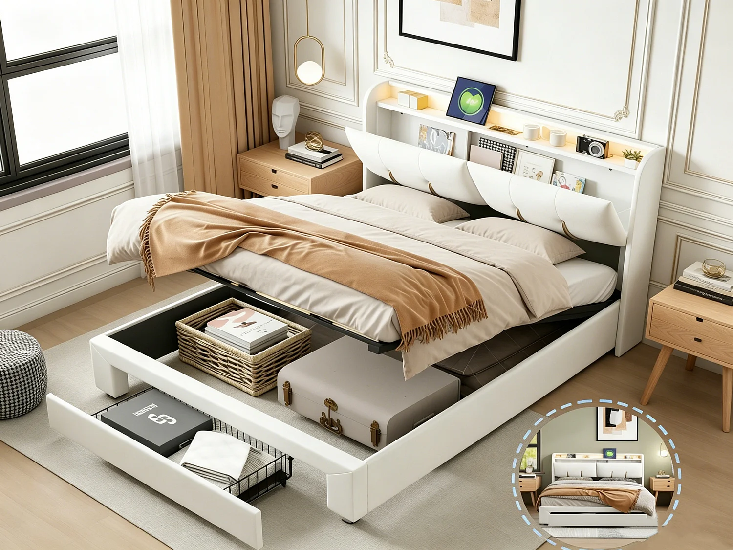 Opbergbed van 140x200 cm met lattenbodem, opbergruimte met 1 lade, led- en usb-poorten, gestoffeerd hoofdbord met opbergruimte, fluweel, gebroken wit