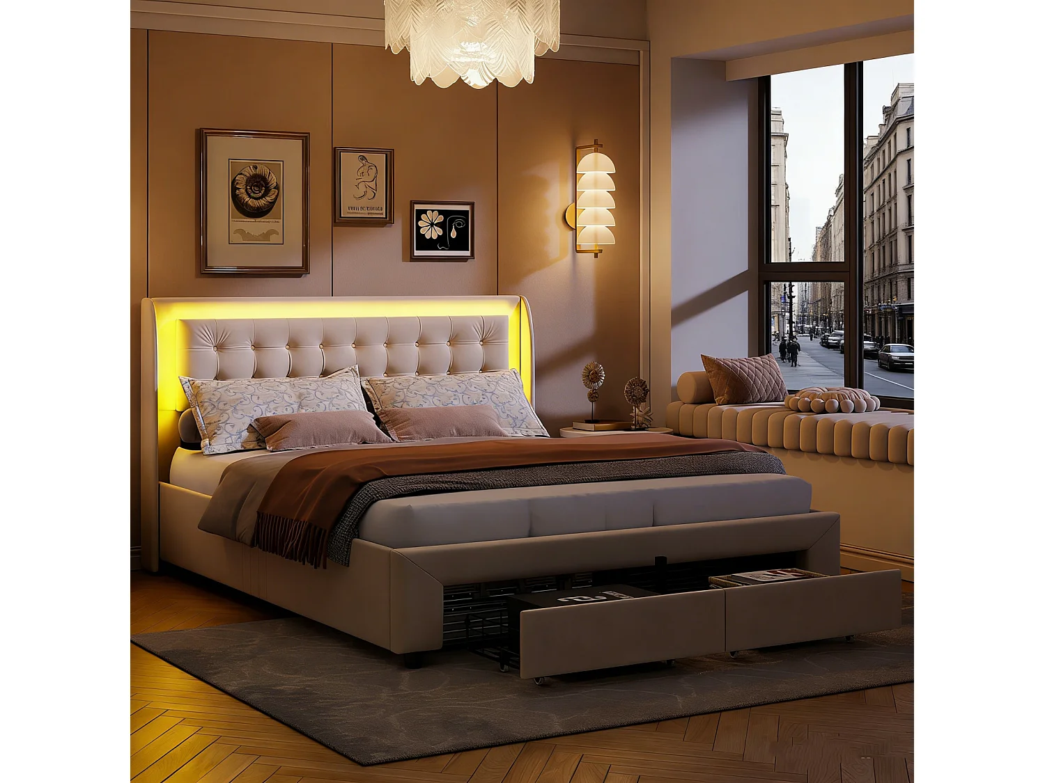 Cama de almacenamiento de 180x200cm con 2 cajones y luz LED, cama doble con espacio de almacenamiento hidráulico y base de láminas, terciopelo, beige