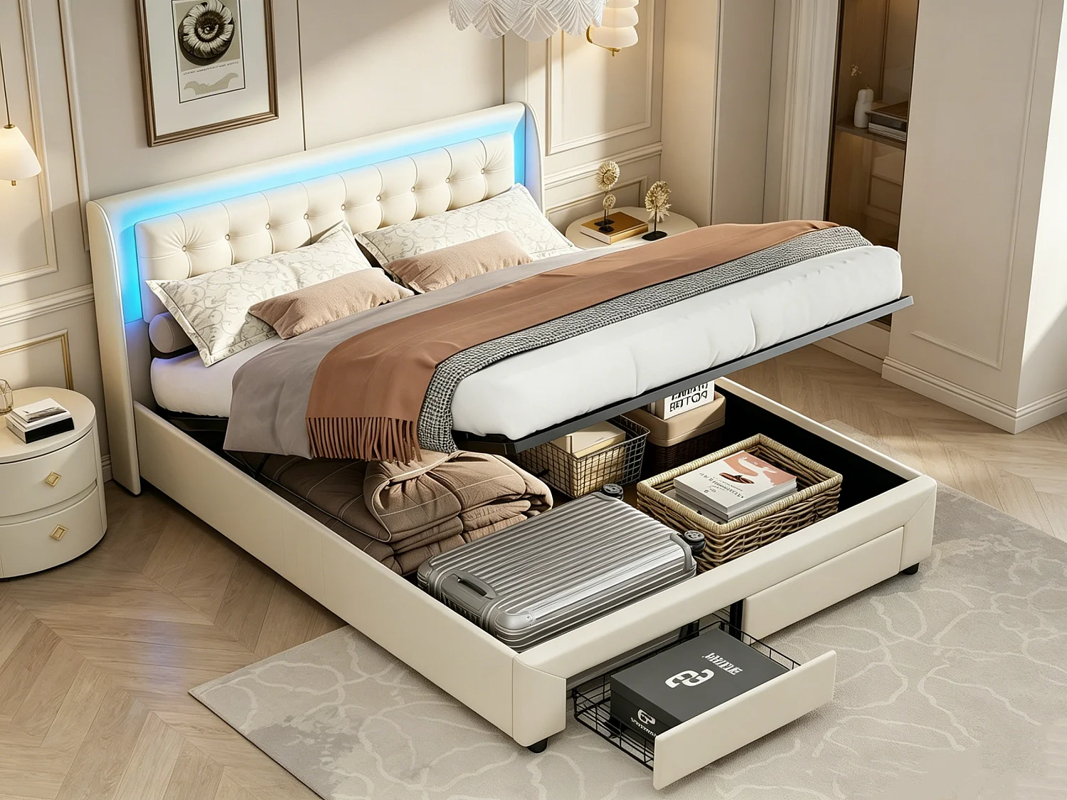 Cama de almacenamiento de 180x200cm con 2 cajones y luz LED, cama doble con espacio de almacenamiento hidráulico y base de láminas, terciopelo, beige