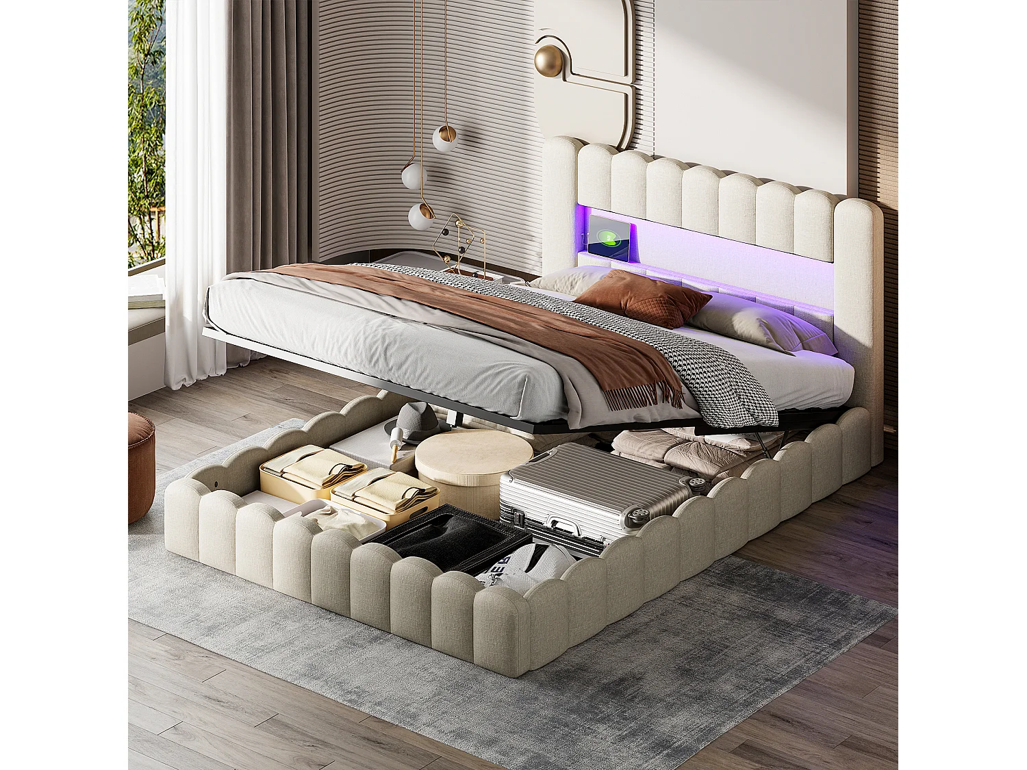 Lit coffre 180x200cm avec LED et USB - compartiment de rangement hydraulique - lin - Beige