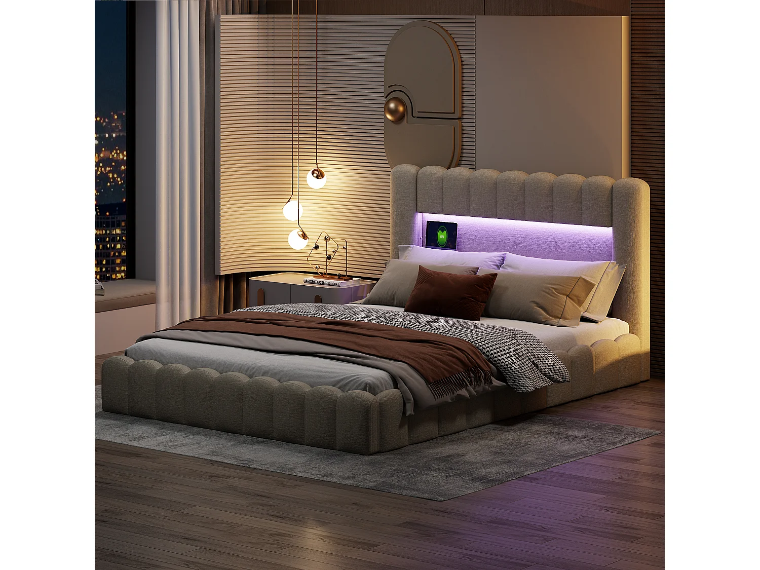 Lit coffre 180x200cm avec LED et USB - compartiment de rangement hydraulique - lin - Beige