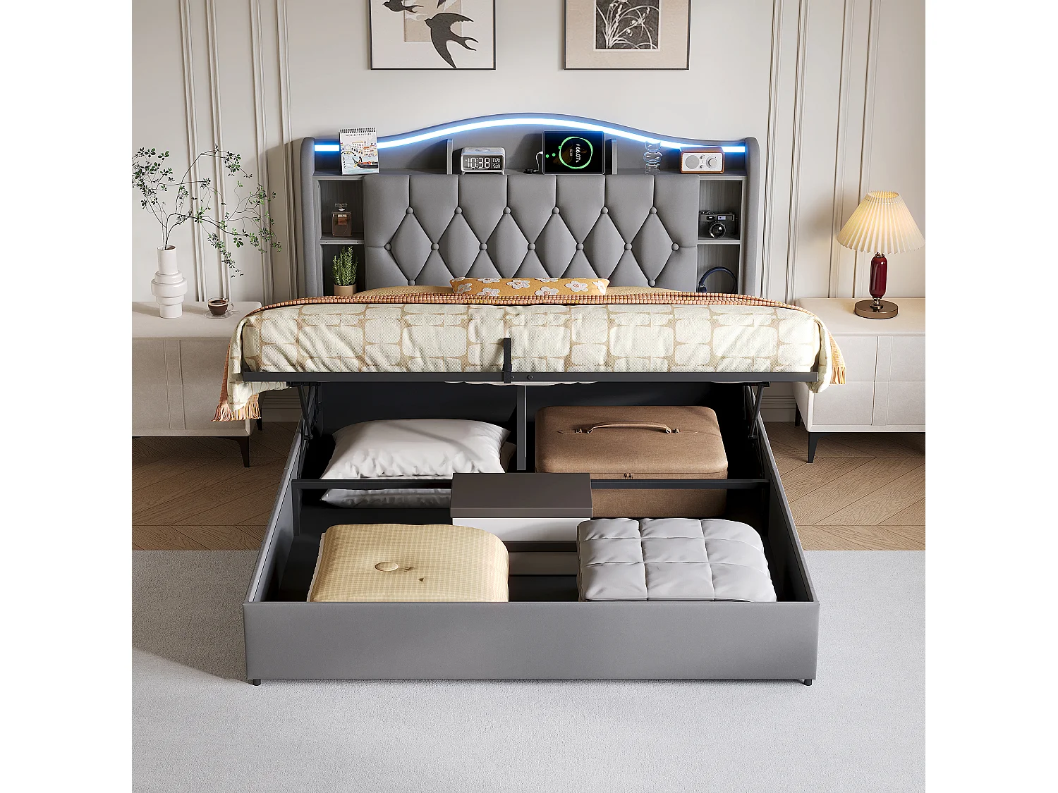 Lit double 160x200cm avec éclairage LED et ports USB - rangement hydraulique - velours - style moderne - gris