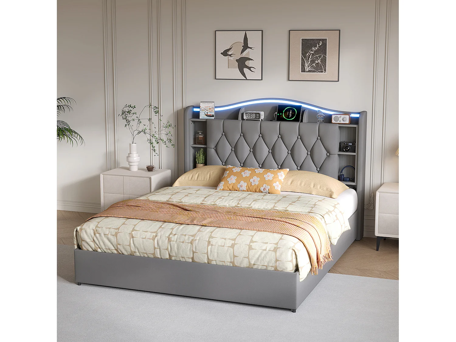 Lit double 160x200cm avec éclairage LED et ports USB - rangement hydraulique - velours - style moderne - gris