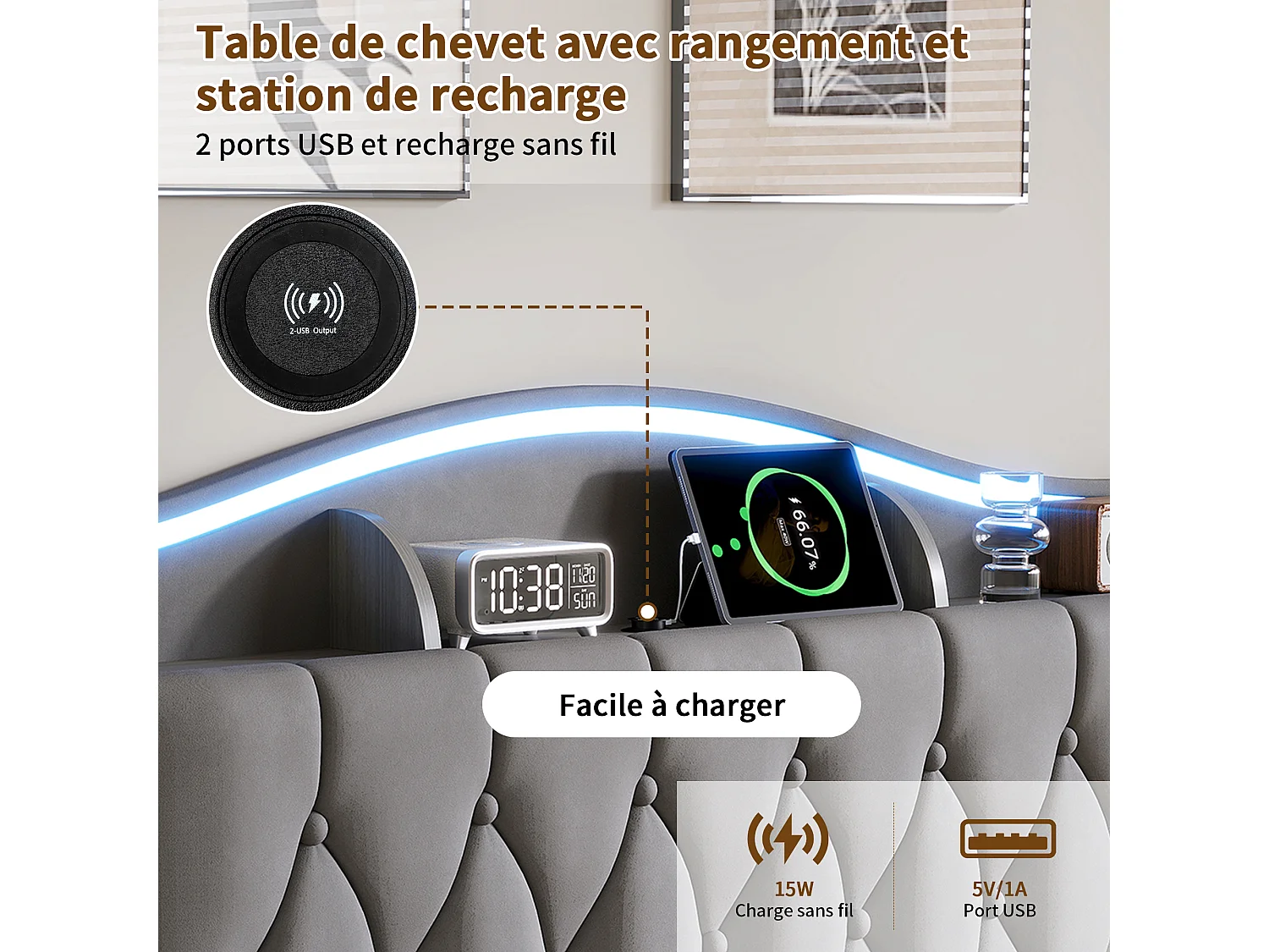 Lit double 160x200cm avec éclairage LED et ports USB - rangement hydraulique - velours - style moderne - gris