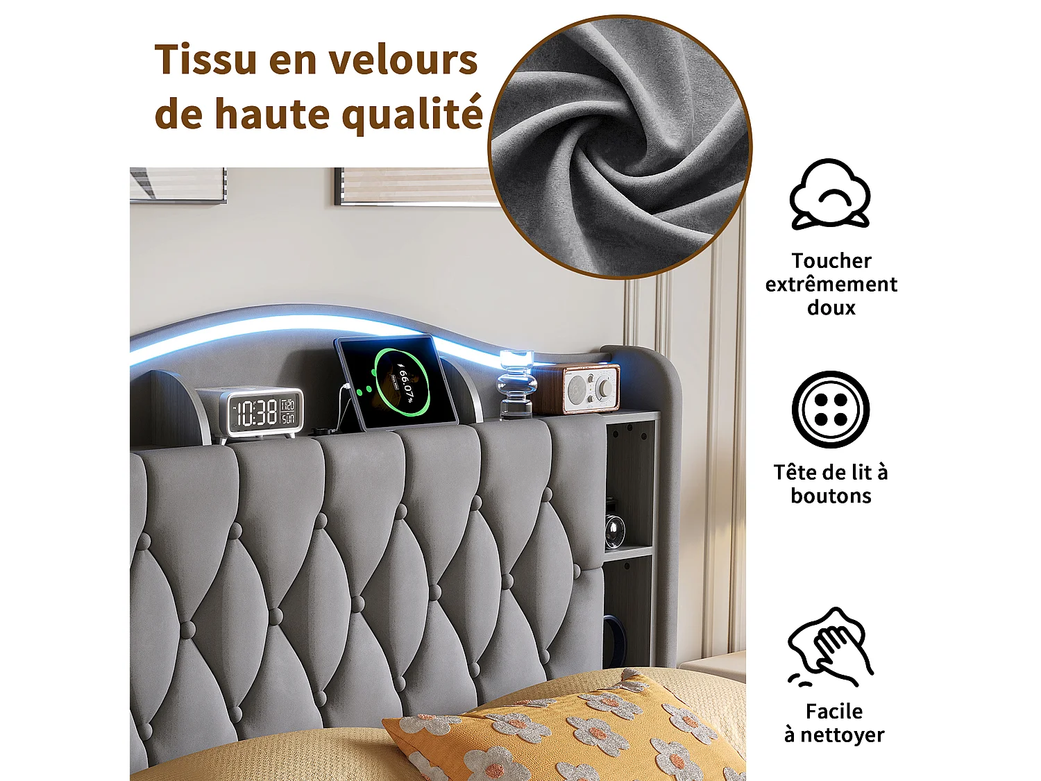 Lit double 160x200cm avec éclairage LED et ports USB - rangement hydraulique - velours - style moderne - gris