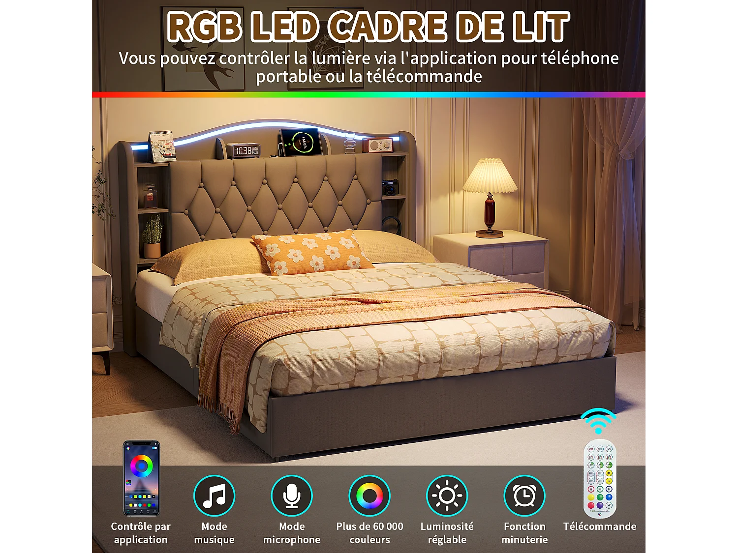 Lit double 160x200cm avec éclairage LED et ports USB - rangement hydraulique - velours - style moderne - gris