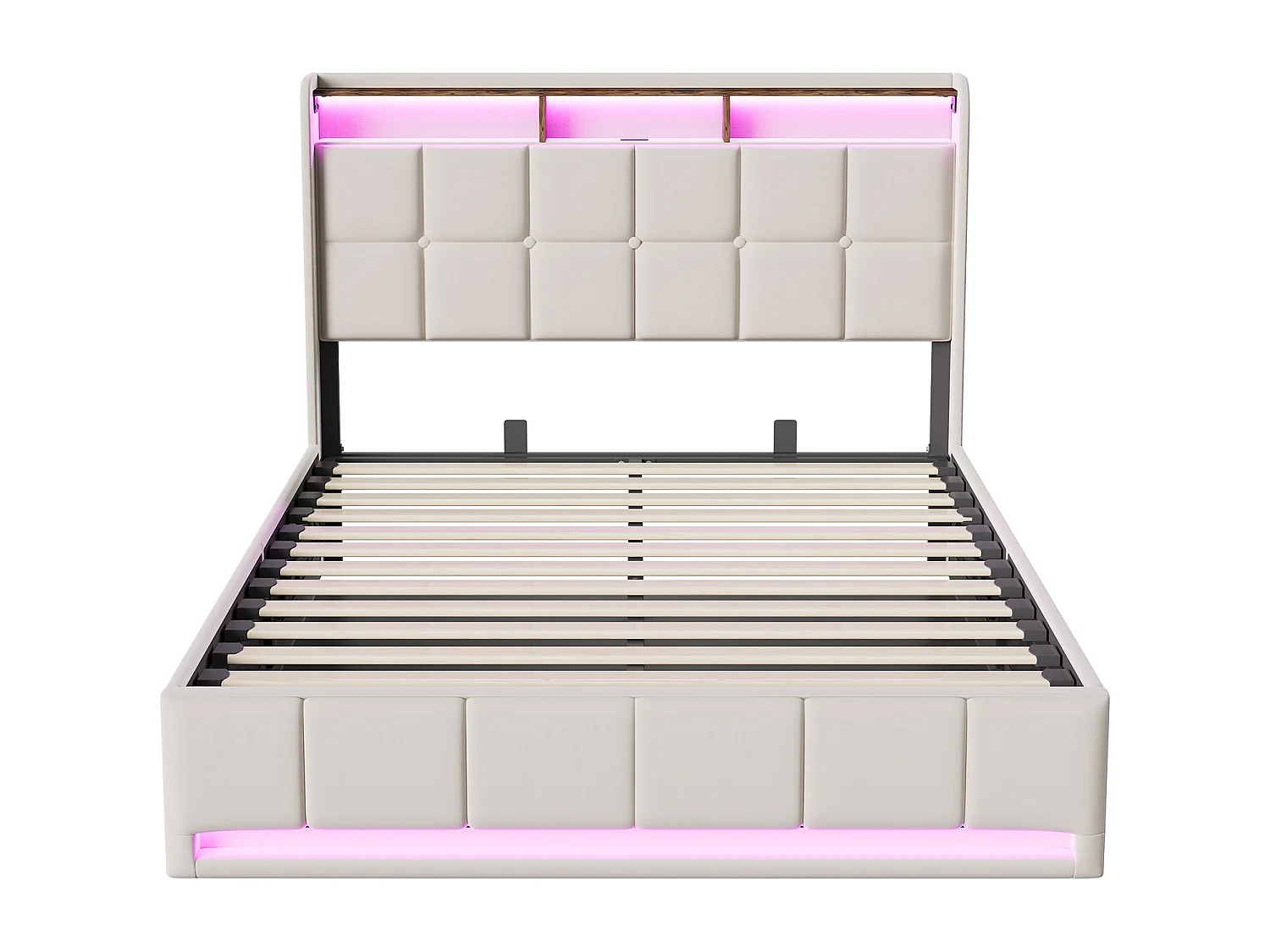 Lit Coffre 140x190 avec LED , USB et Type-C, Lit Double Rembourré avec Rangement Cadre de Lit , sommier à lattes,Lin,Beige