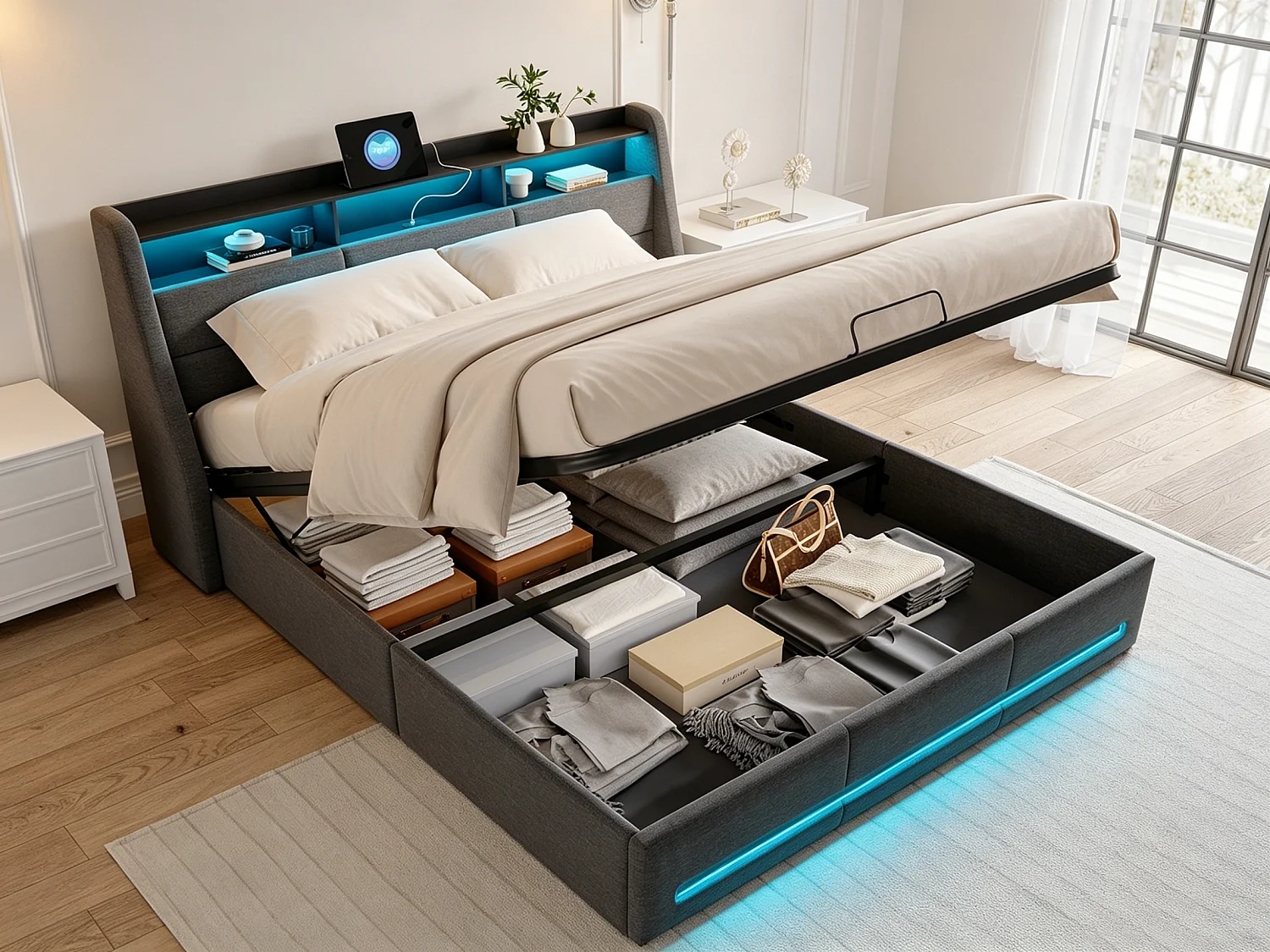 Cama de adulto de 140x200cm con compartimento de almacenamiento hidráulico, iluminación LED y puerto USB, ropa de cama, gris