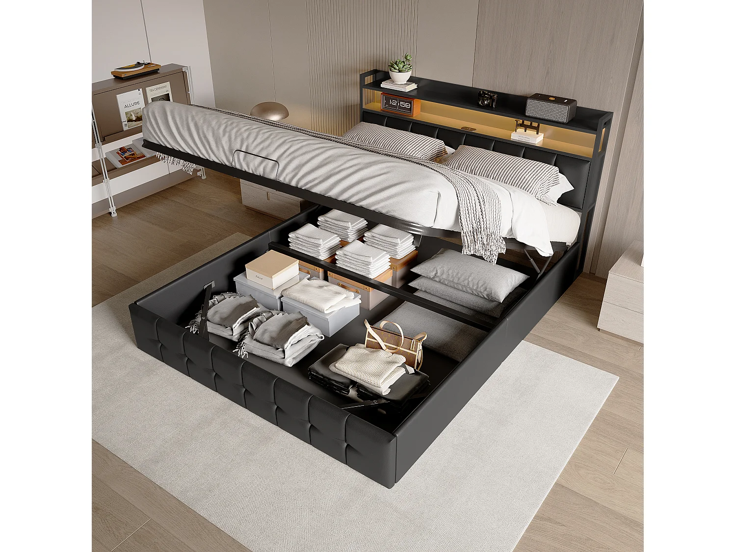Lit coffre 140x200cm avec LED et sommier à lattes - ports USB et Type C - style moderne - tissu en PU - Noir