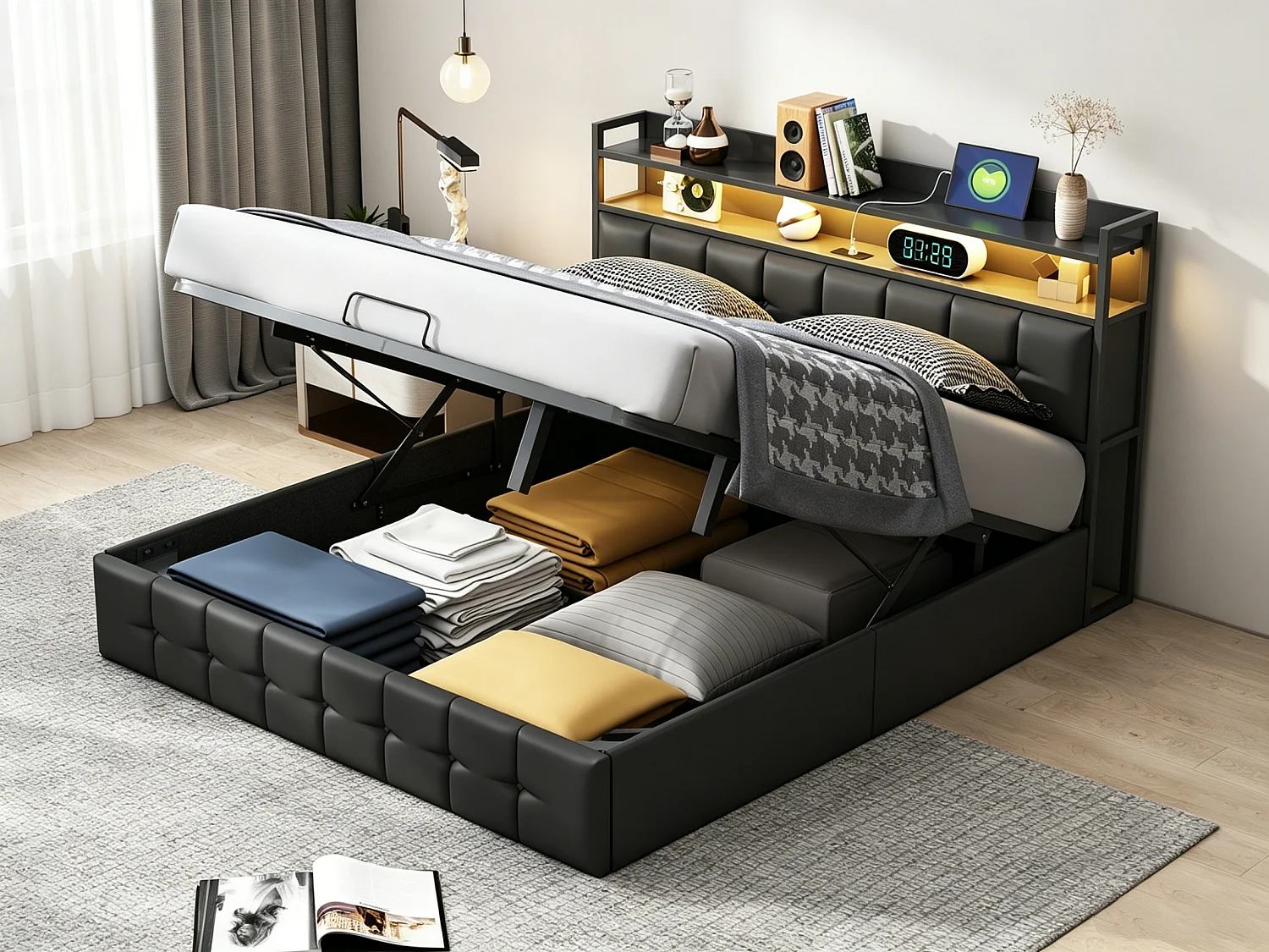 Lit coffre 140x200cm avec LED et sommier à lattes - ports USB et Type C - style moderne - tissu en PU - Noir