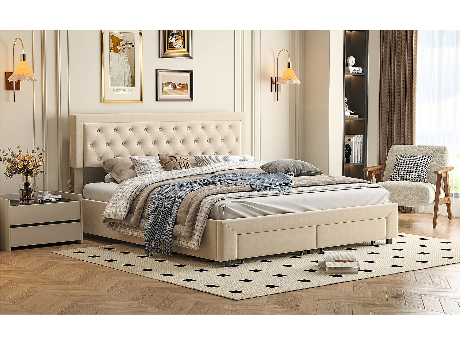 Tweepersoonsbed 160x200cm met 2 lades - hydraulische opbergruimte en lattenbodem - fluweel - beige