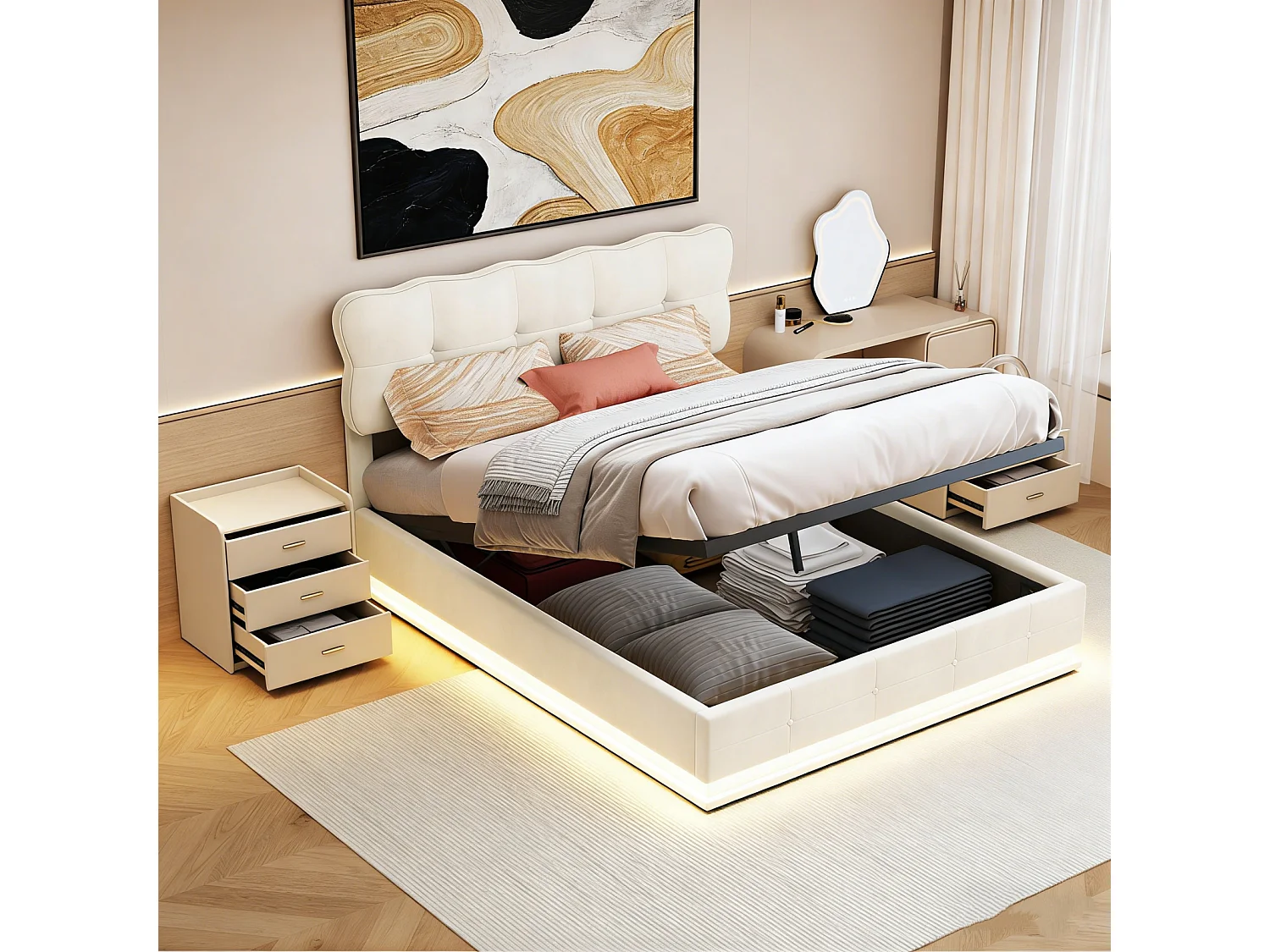 Cama de almacenamiento de 140 x 200 cm con iluminación LED, cama doble tapizada con cabecero y espacio de almacenamiento para adultos y adolescentes, terciopelo