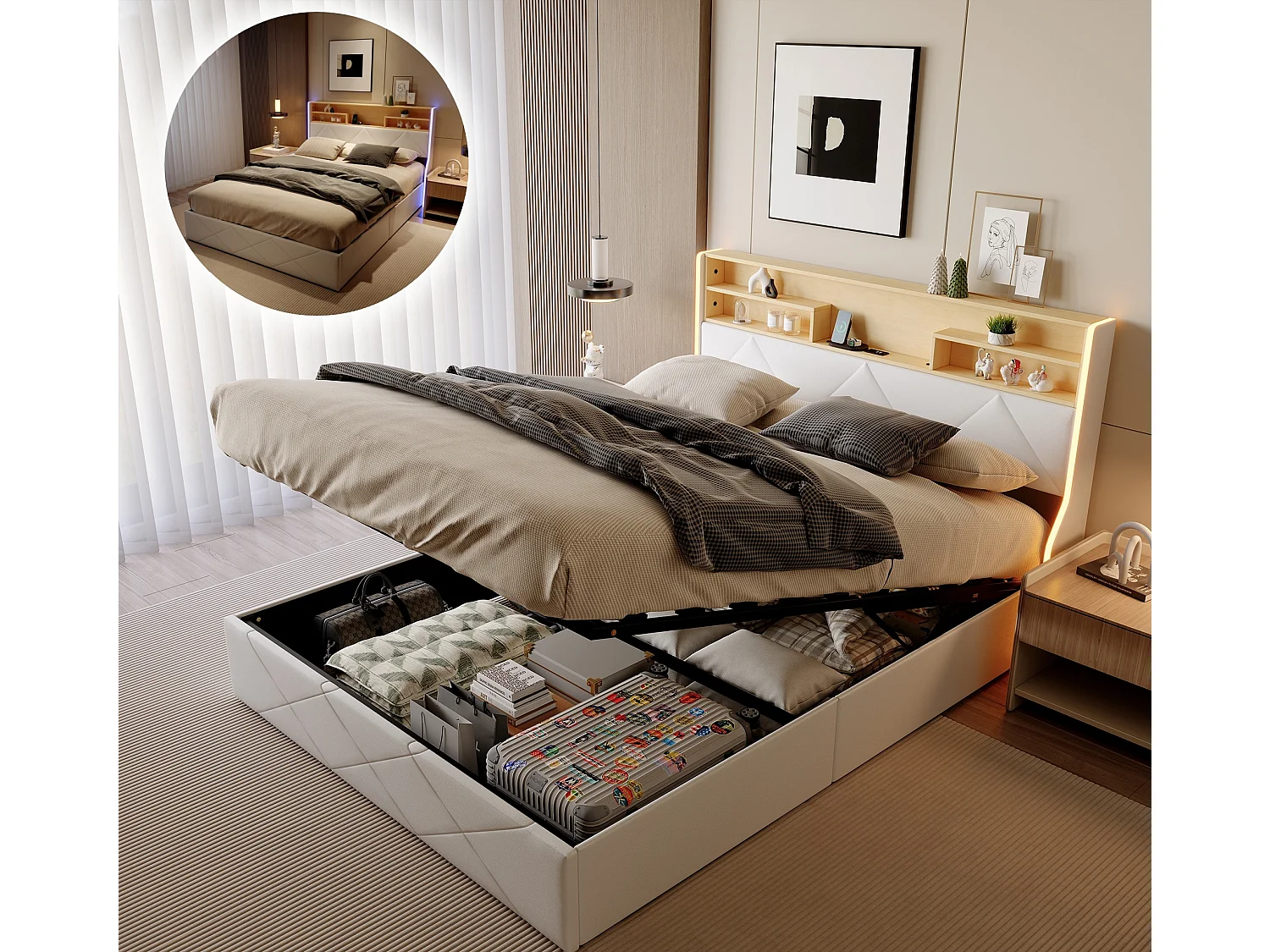 Tweepersoonsbed 140x200cm, opbergbed met ledverlichting en USB-poort, gestoffeerd tweepersoonsbed met opbergruimte, bedframe, PU-leer, wit