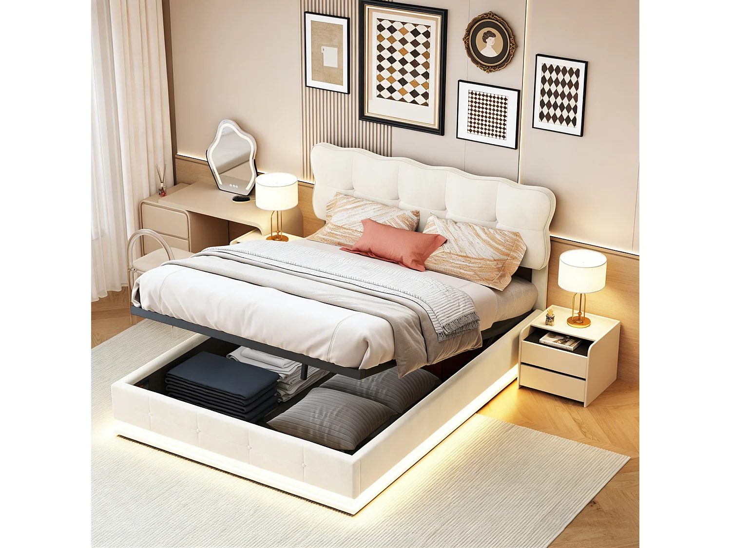 Lit Coffre 160 x 200 cm avec Éclairage LED, Lit Double Capitonné avec Rangement et Tete de lit pour Adultes et Adolescents, Velours