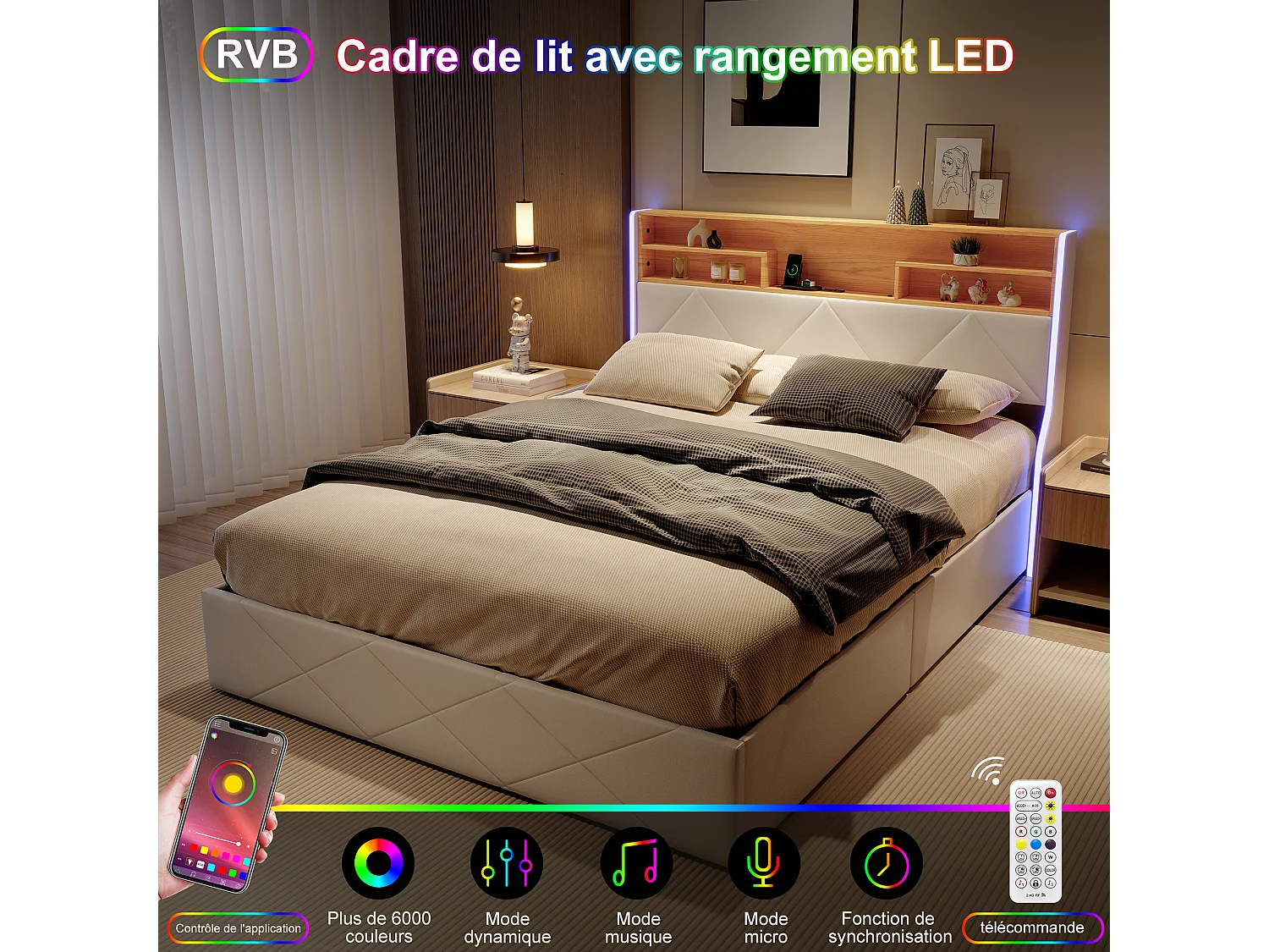 Lit Double 160x200cm, Lit Coffre avec éclairage LED et USB, Lit double rembourré avec espace de rangement, Cadre de Lit, PU, Blanc
