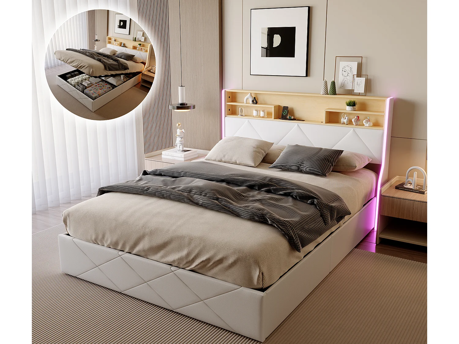 Lit Double 160x200cm, Lit Coffre avec éclairage LED et USB, Lit double rembourré avec espace de rangement, Cadre de Lit, PU, Blanc